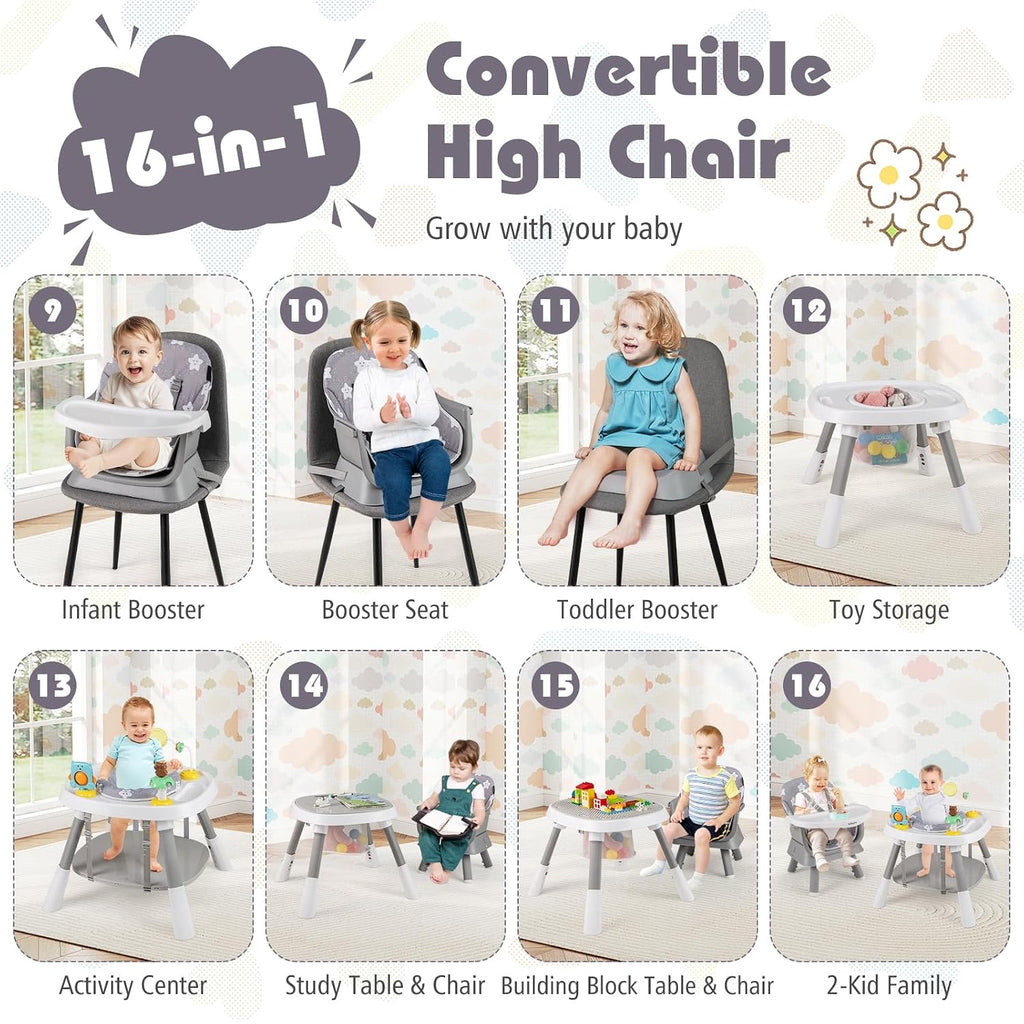 KOTEK 16 in 1 Convertible High Chair, Baby Highchair & Activity Center, Booster Seat, Building Block Table, Toddler Chair with 5-Point Harness, Removable Tray & Cushion (Gray)
