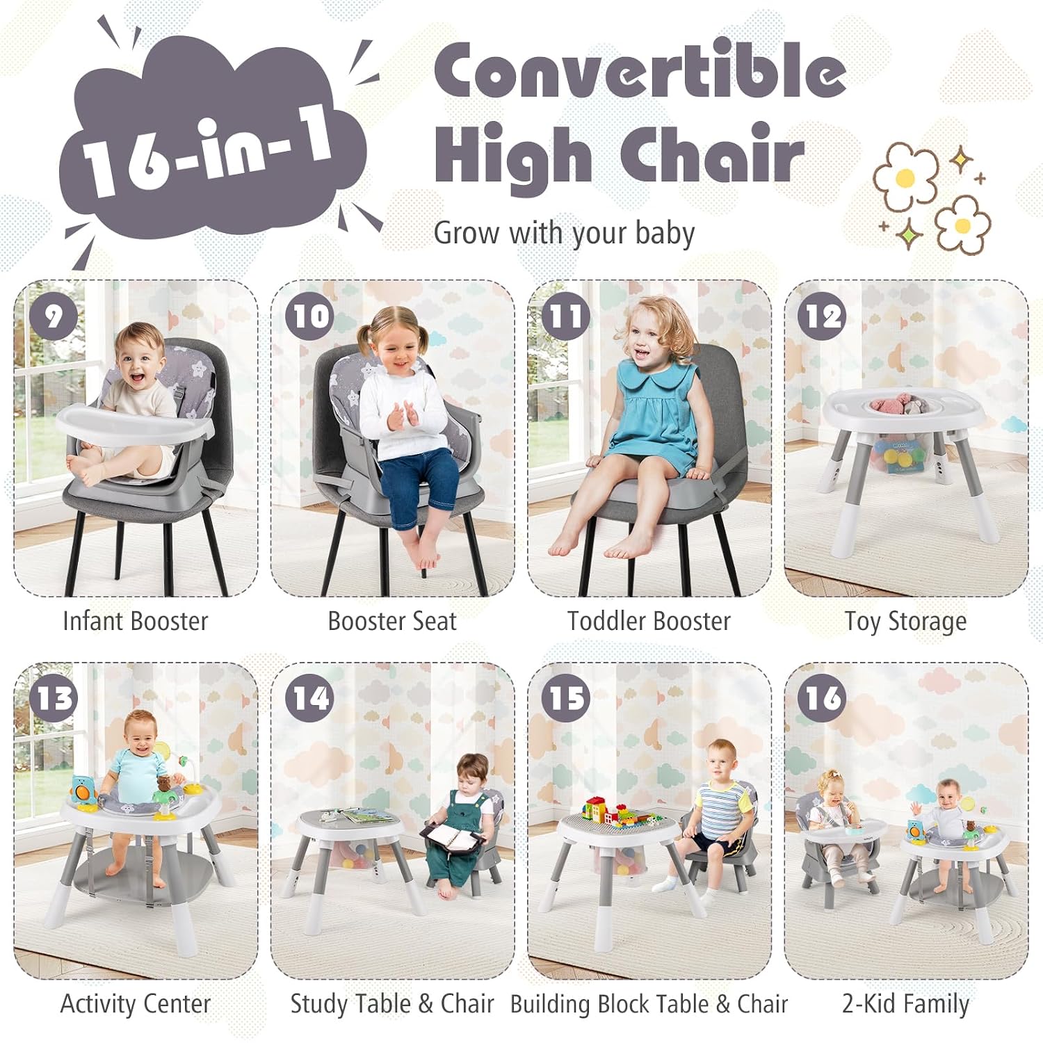 KOTEK 16 in 1 Convertible High Chair, Baby Highchair & Activity Center, Booster Seat, Building Block Table, Toddler Chair with 5-Point Harness, Removable Tray & Cushion (Gray)