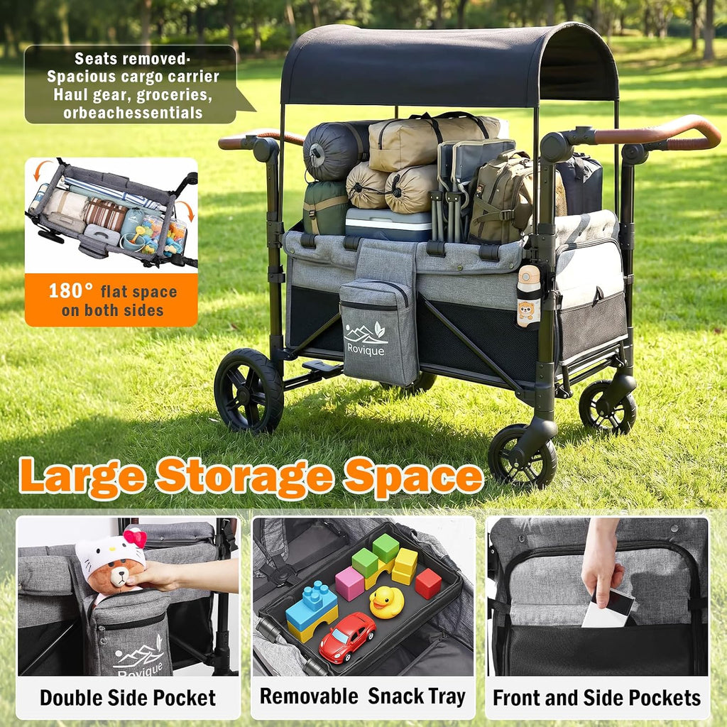 Wagon Stroller, Foldable 2 Seater Stroller Wagon for Kids with Extra Long Extender, Aluminum All-Terrain Baby Wagon with Convertible Seats, Adjustable Handle, Removable Canopy, Snack Tray, Cup Holder