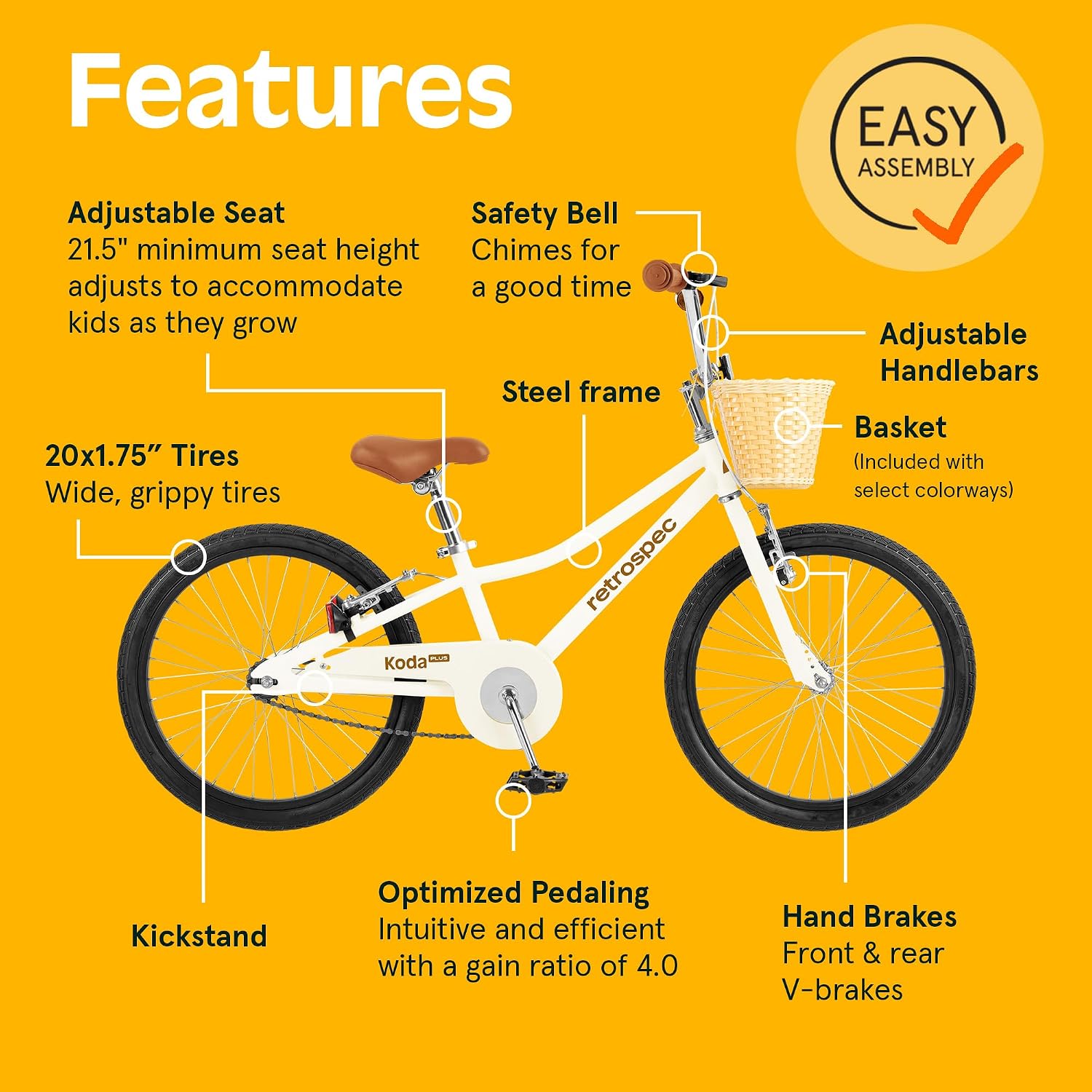 Retrospec Koda Plus Kids Bike for Boys & Girls Ages 6-8 Years - Children's Bicycle, Adjustable Seat & Handlebars