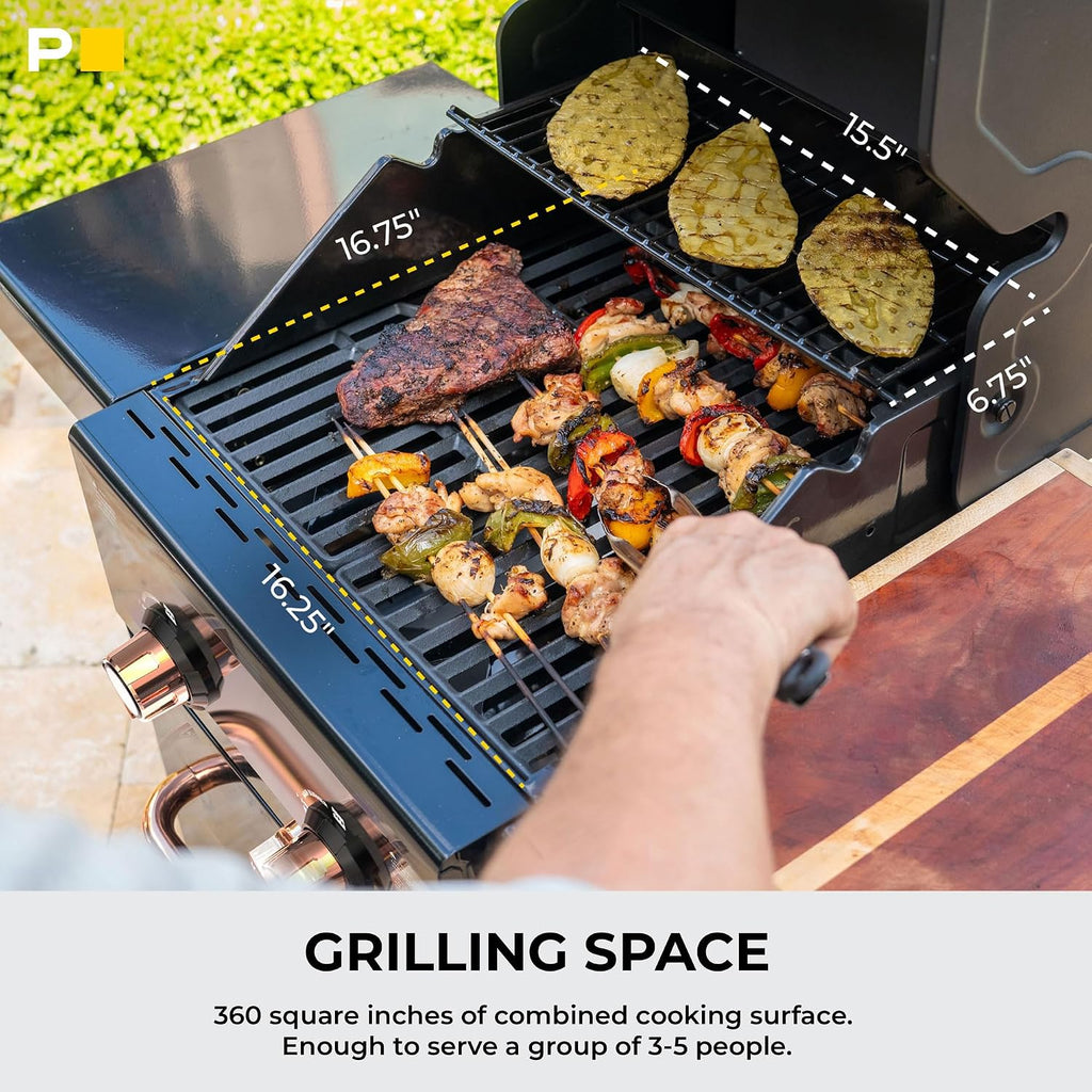 Permasteel 2-Burner Propane Gas Grill, BBQ Grill with Foldable Side Tables & Tool Hooks, Perfect for Outdoor Cooking, Patio & Garden, Black/Copper
