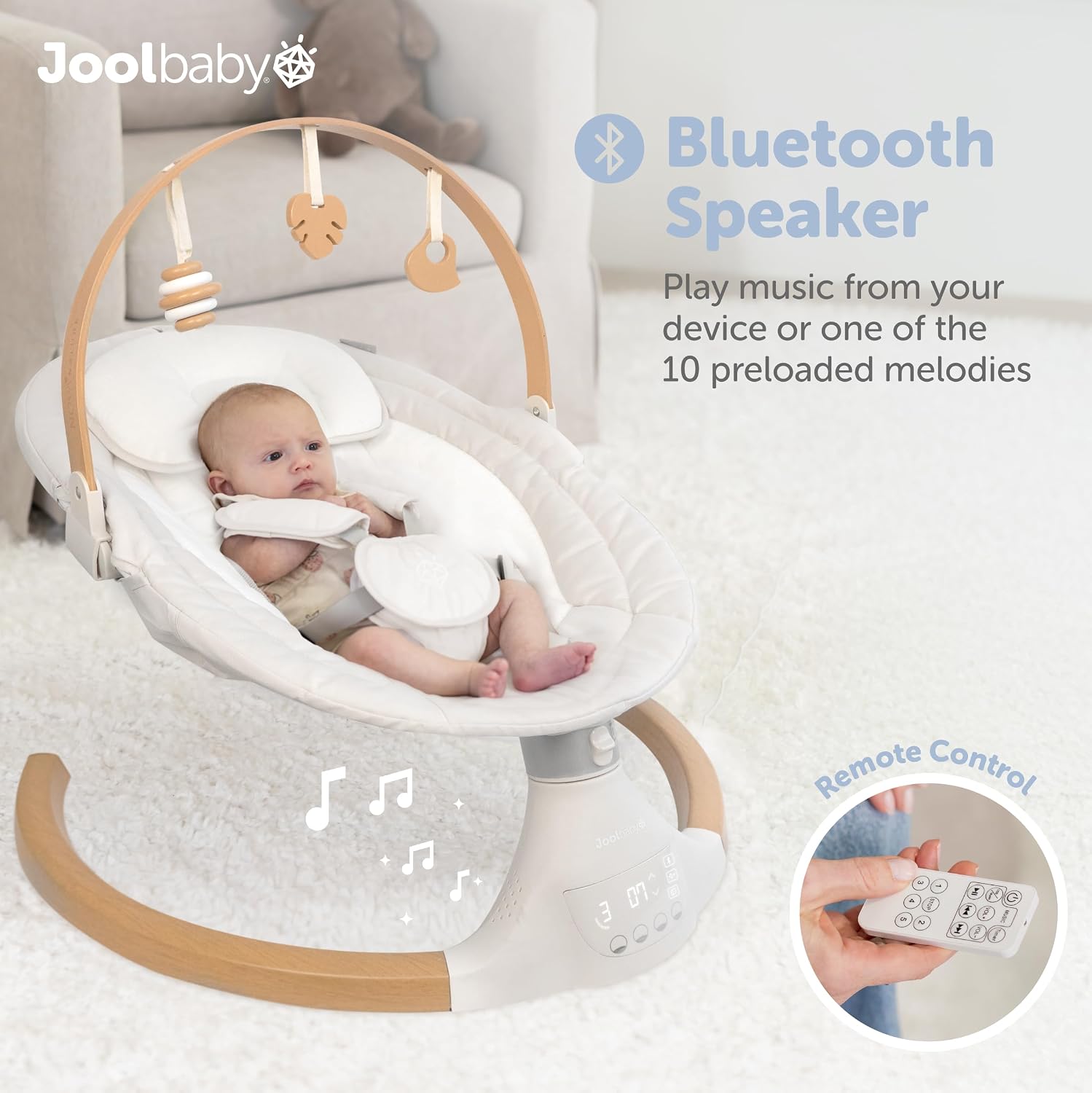 Jool Baby Nova Nature Baby Swing for Newborns with Natural Wood Toys, Electric Motorized Infant Swing, Bluetooth Music, Remote (Oatmeal)