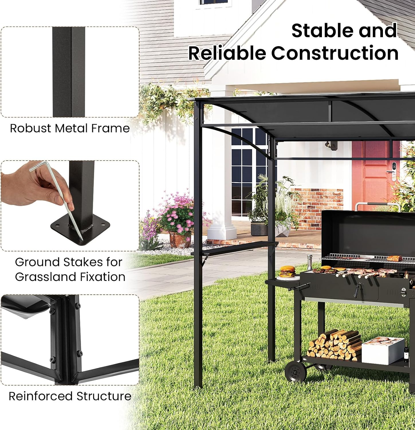 Tangkula 7ft Grill Gazebo, Patio Barbecue Canopy with Serving Shelf and Storage Hooks, Curved Grill Shelter w/Heavy-Duty Steel Frame Sunshade Awning for Outdoor Garden (Gray)