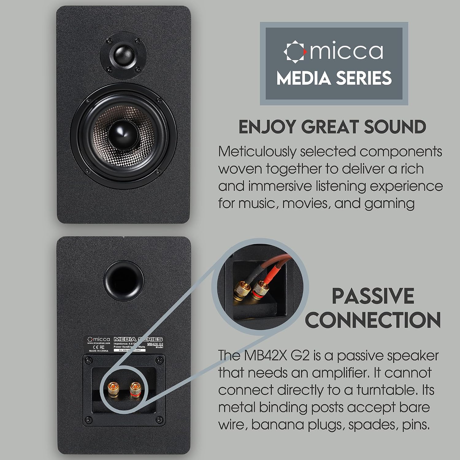 Micca MB42X G2 Passive Bookshelf Speakers for Home Theater Surround Sound, Stereo, and Passive Near Field Monitor, 2-Way (Black, Pair)