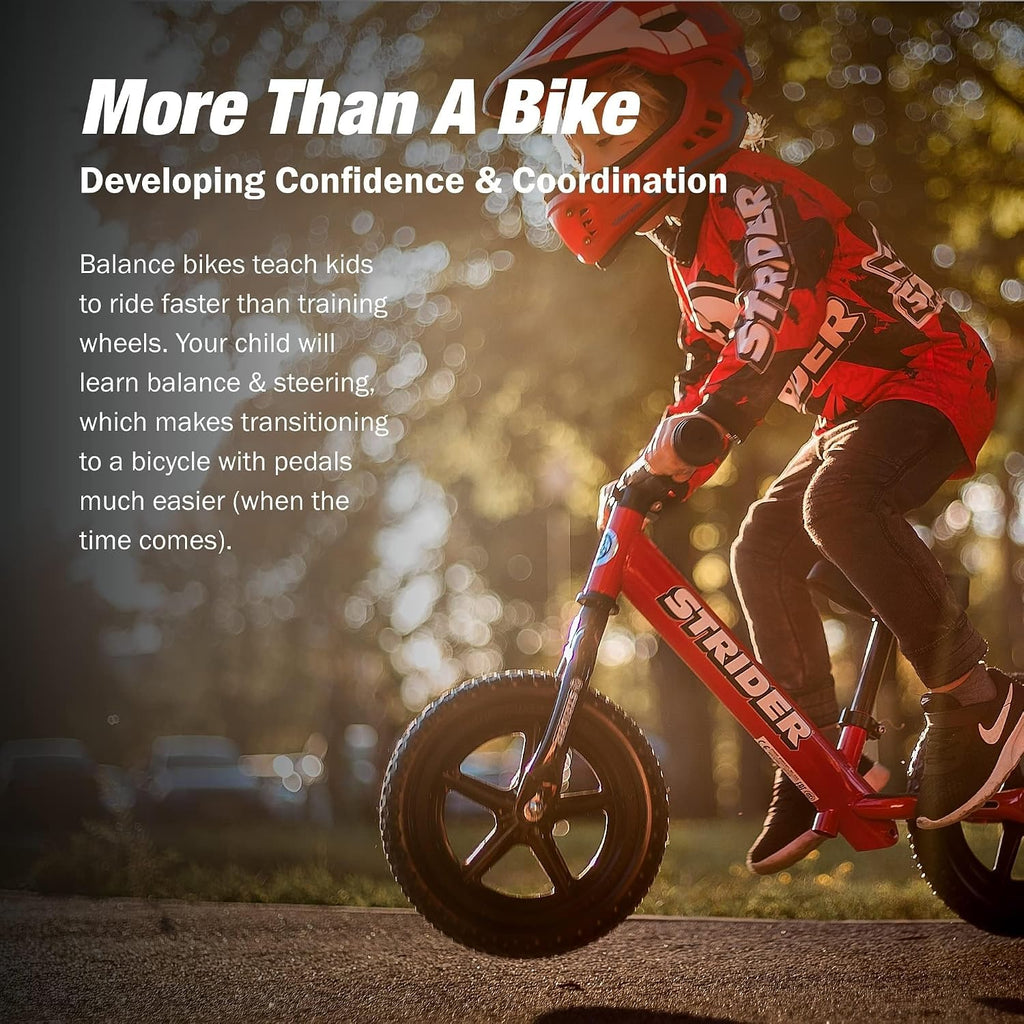 Strider 12' Sport Bike - No Pedal Balance Bicycle for Kids 1 to 4 Years - Includes Safety Pad, Padded Seat, Mini Grips & Flat-Free Tires - Tool-Free Assembly & Adjustments