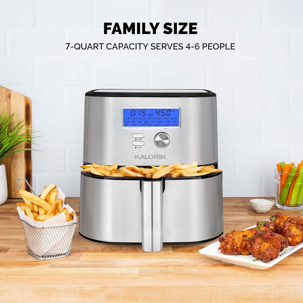 Kalorik MAXX® Plus Digital 7-Quart, 7-in-1 Oilless Air Fryer, LCD Display, 22 Smart Presets, 5 Accessories, and Recipe Book, 1750W, Stainless Steel, FT 50928 OW