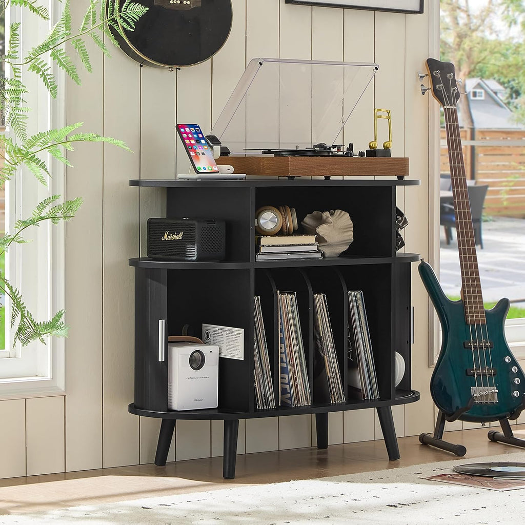 LELELINKY Large Round Record Player Stand with Charging Station & Fluted Display Shelf, Black Mid Century Modern Turntable Cabinet with Vinyl Storage, Arched Wood Record Player Table for Living Room