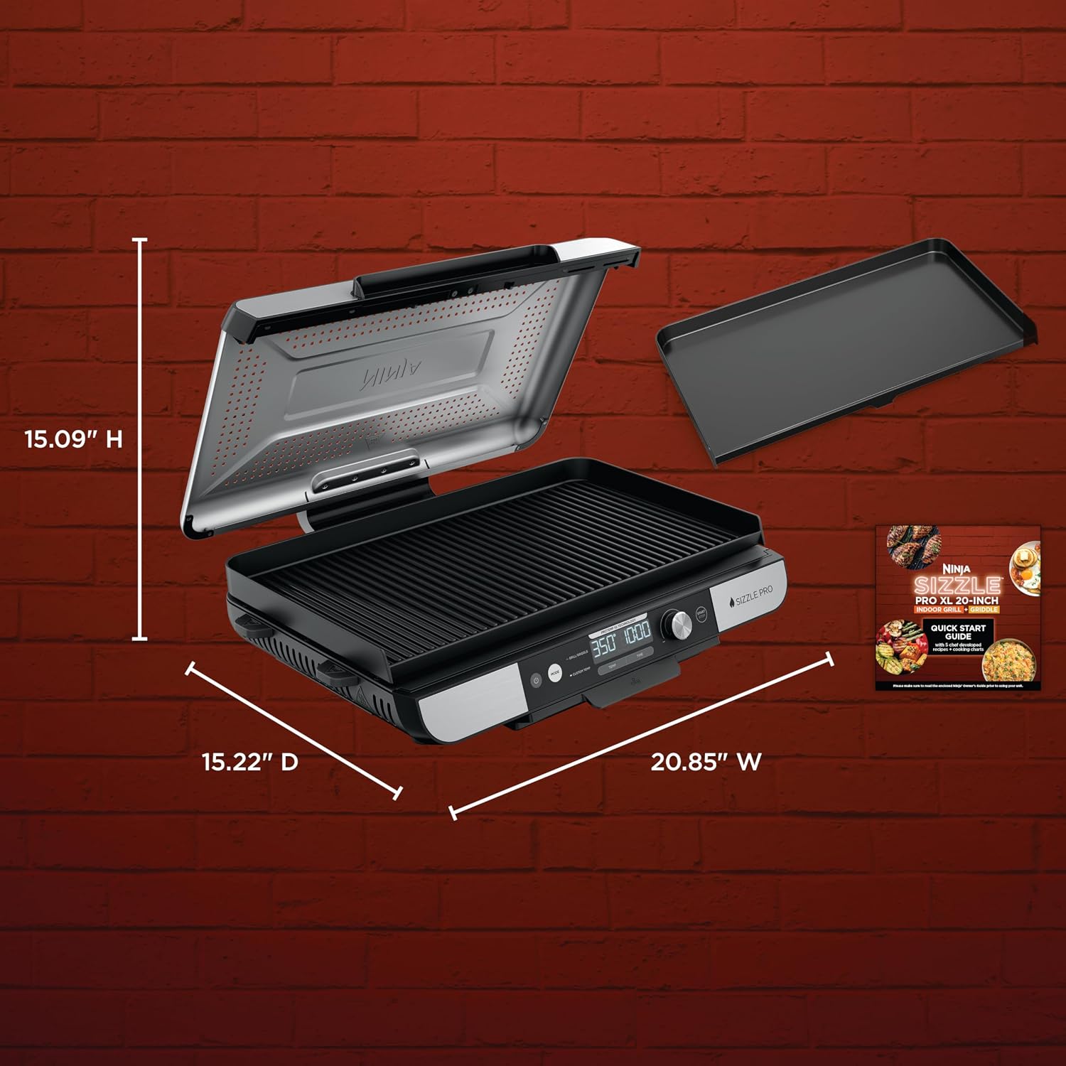 Ninja Sizzle Pro XL 20-Inch Indoor Griddle + Grill, Detachable Ventilated Lid, Grease Control, Ceramic Nonstick Plates, Even Edge Cooking, Extra Large Capacity, Versatile, Silver, GX101