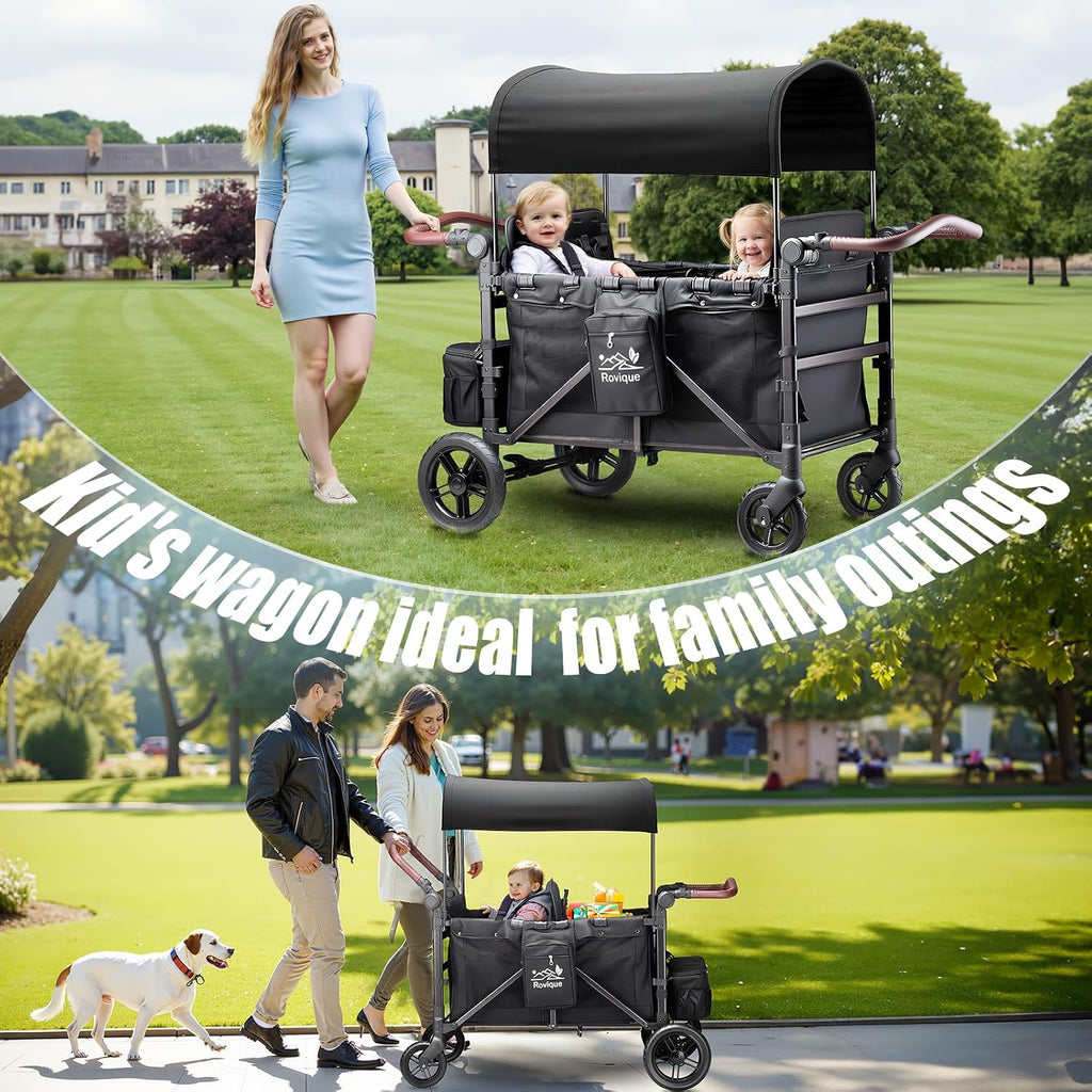Rovique Wagon Stroller 4 Seater – Includes Adjustable Canopy,Convertible Seats, Snack Tray, Parent Organizer, 5-Point Harness, Push/Pull Adjustable Handle
