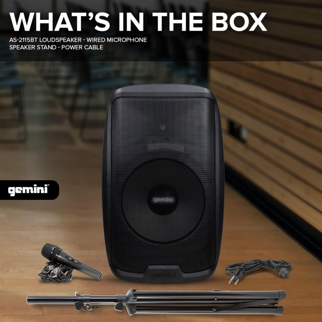 Gemini 120W Bluetooth PA Speaker with Stand – 15' Powered Loudspeaker with USB, SD, FM, Mic Input, EQ & Tripod – Pro Audio for DJs, Events, Parties & Live Shows (AS-2115BT-PK)