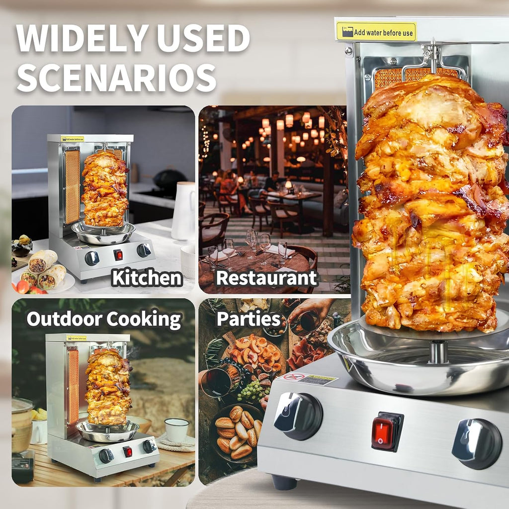 Shawarma Grill Machine Gas Vertical Rotisserie with 2 Burners, Propane Doner Kebab Oven 13 lbs Capacity, Gyro Meat Broiler Machine with Shovel, 110V