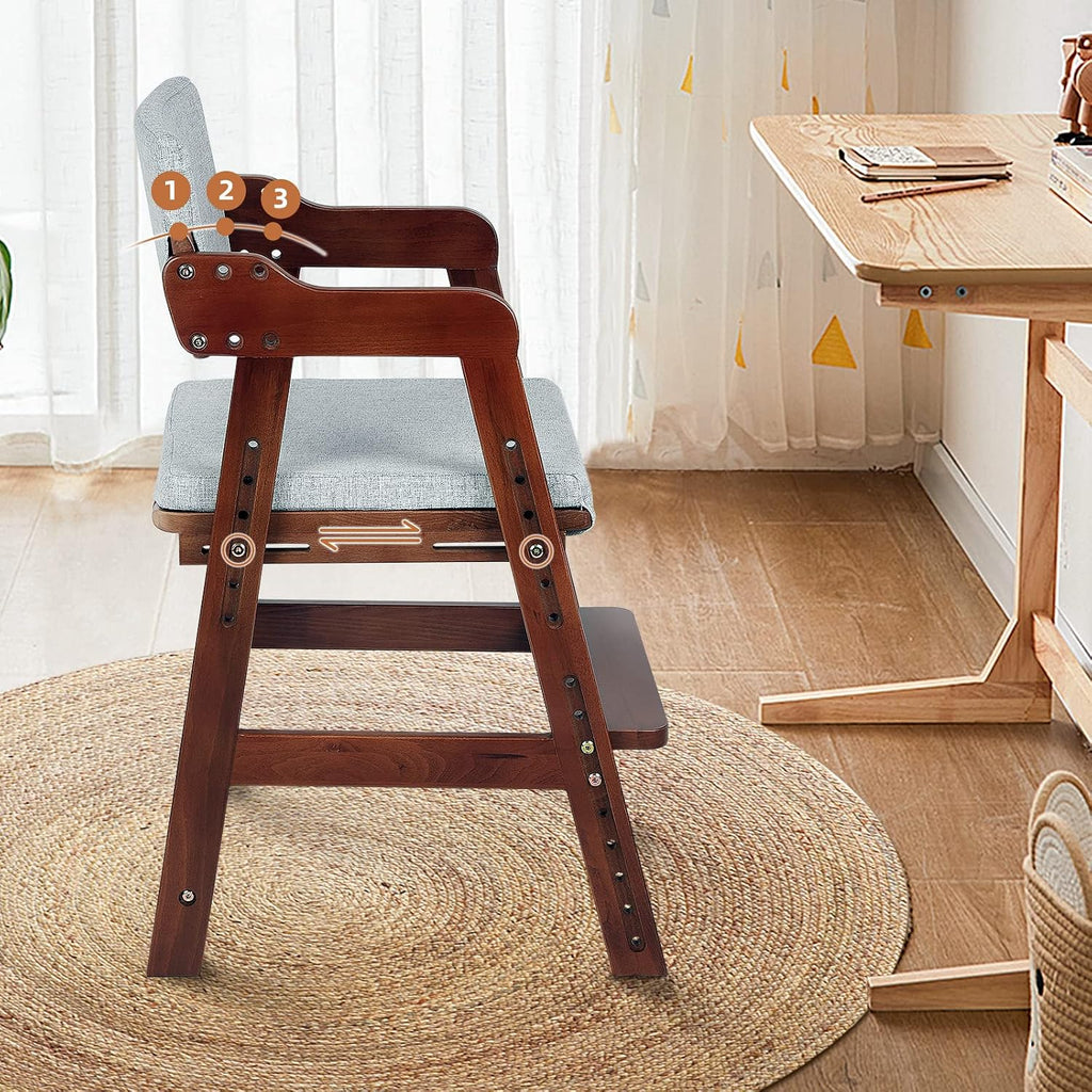 Ezebaby Wooden High Chair for Toddlers to Teens Adjustable Kids Learning Chair with Steps, Child Seats with Removable Cushions (Nut-Brown)