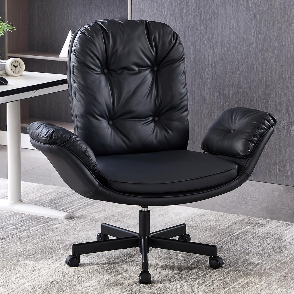 amseatec Criss Cross Chair with Armrests & Wheels for Cross-Legged Sitting, Comfortable Adjustable Swivel Office Desk Chair –PU Leather Vanity Chair for Home, Makeup and Bedroom (Black)