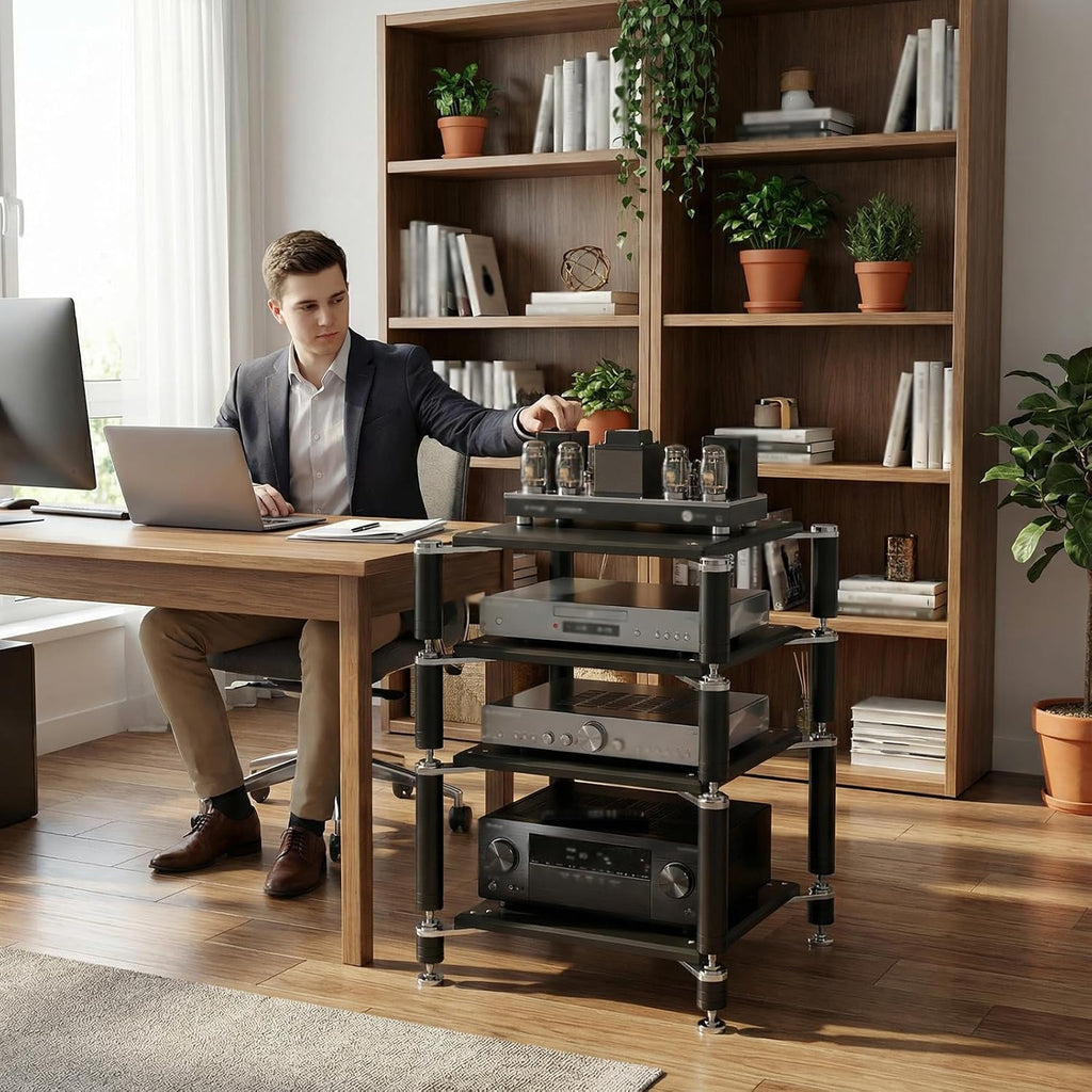 3-Tier AV Media Stand, Heavy Duty Audio Rack with Shock-Absorbing Foot pegs, Open Design av Stand, Multi-Layer Stereo Equipment Rack for Home, Office, Theater (Walnut, 3-Tiers)