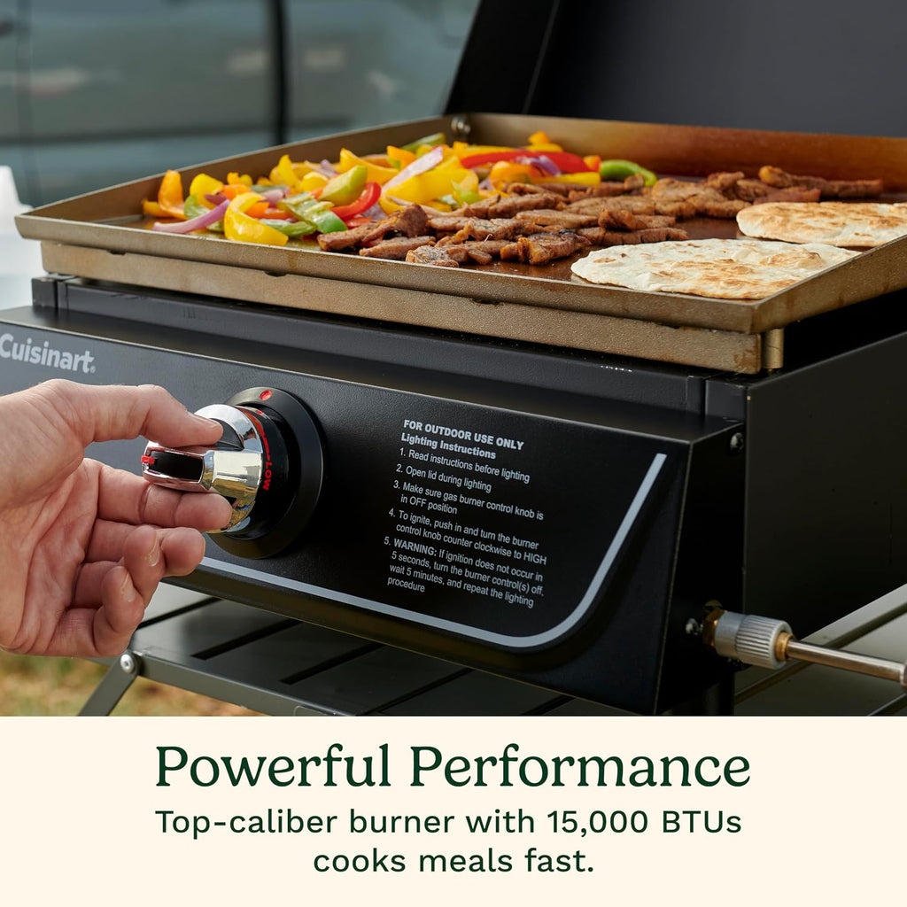 Cuisinart 17' Tabletop Gas Griddle with Hood, Easy Assembly Compact Outdoor Flat-Top Grill with Grease Cup, 255 Sq. In Cooking Space Perfect for Camping, Tailgates and BBQs