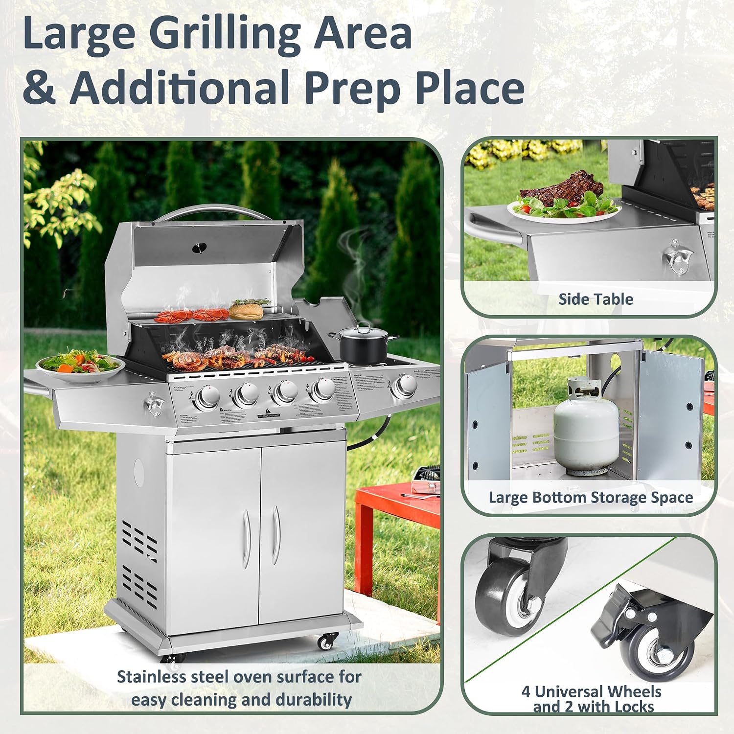 Polar Aurora Propane Gas Grill 4 Burners with Side Burner, Stainless Steel Grill Cart with Wheels for Outdoor Patio Garden Backyard Cooking bbq Grill