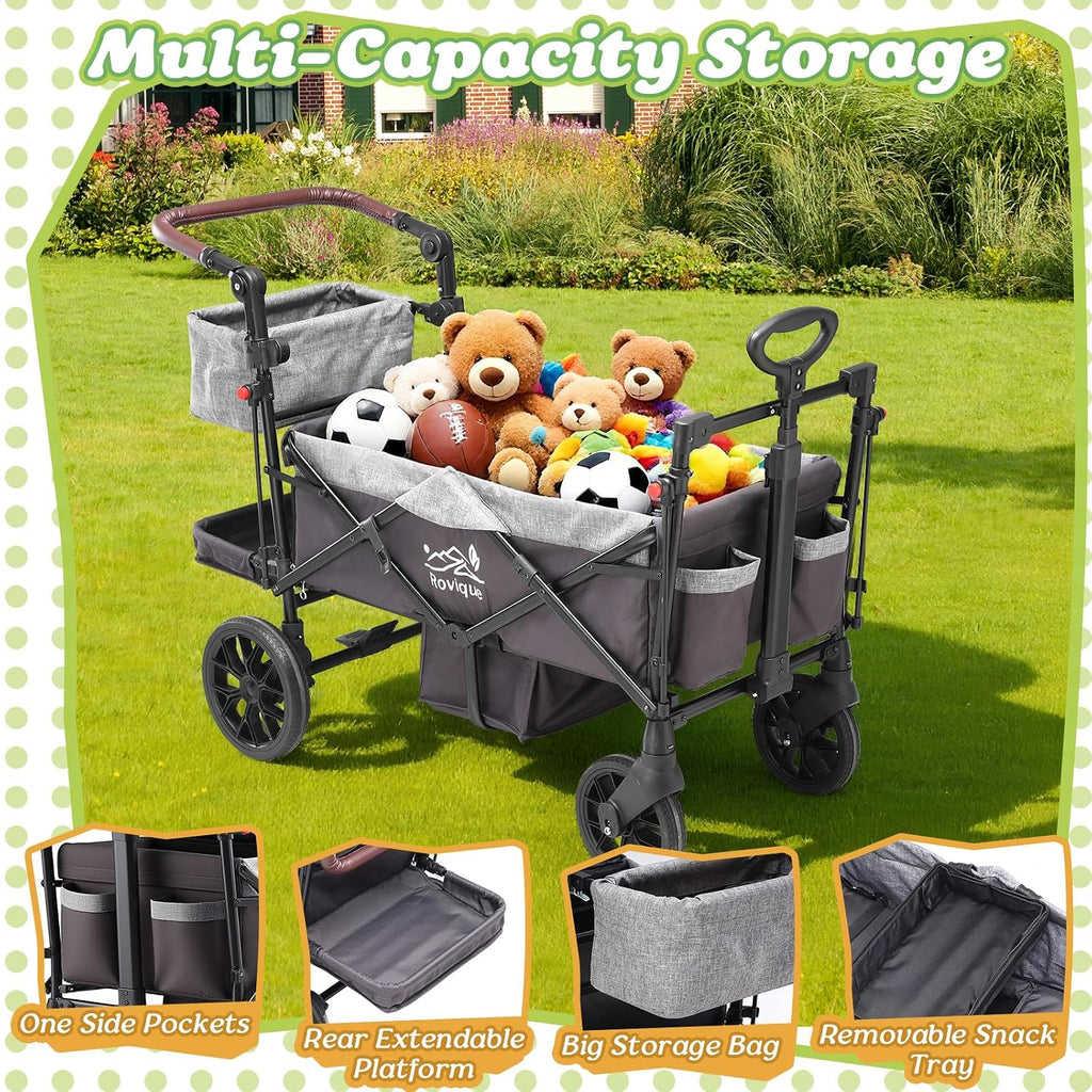 Wagon Stroller for 2 Kids, Premium Stroller Wagon for Kids with Removable Canopy, Safety Harness, Adjustable Handlebar & Storage Organizer, All-Terrain Foldable Baby Wagon for Outdoors