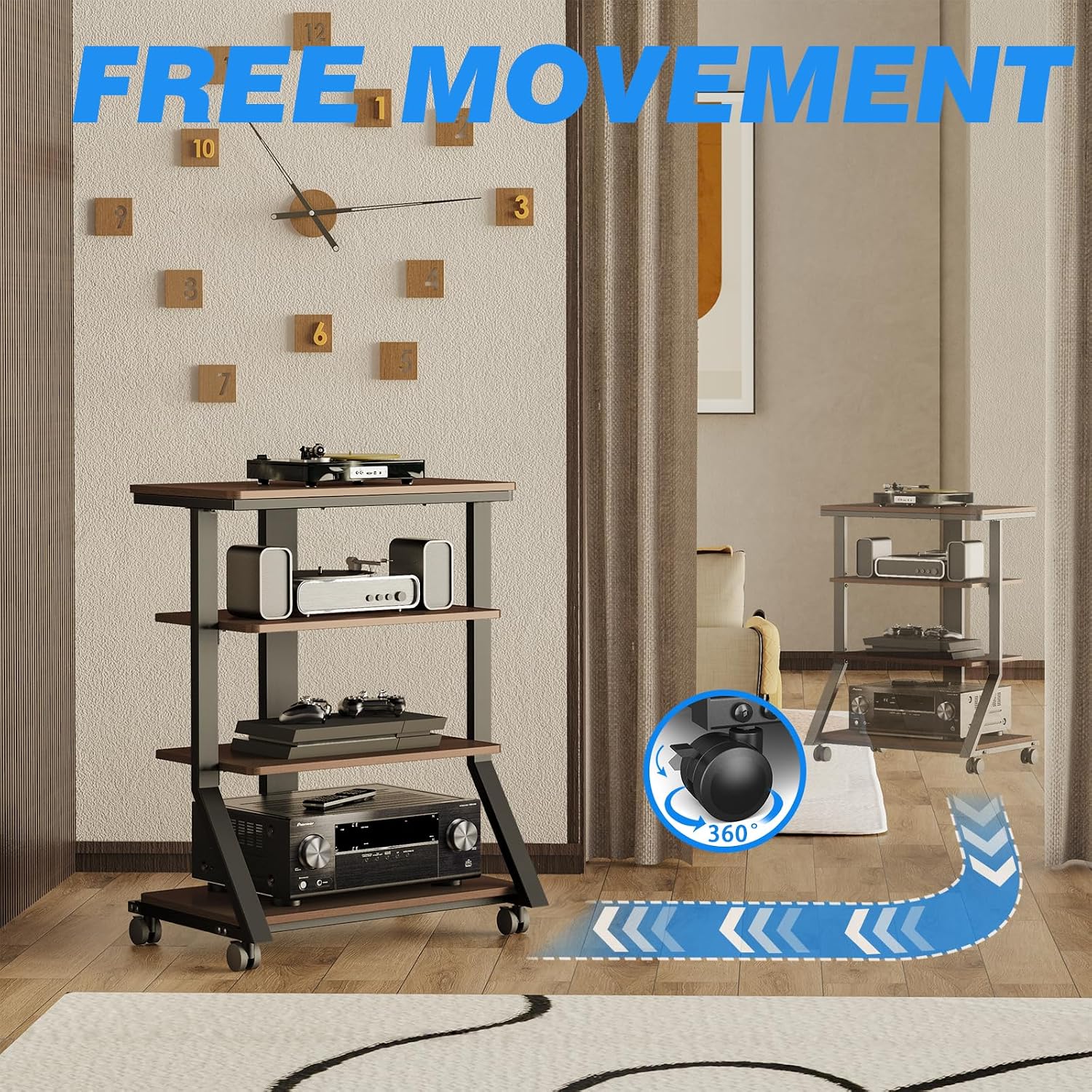 Rfiver 4-Tier AV Media Stand with Wheels, Mobile Rack Audio Tower with Height Adjustable Shelves, Wooden Stereo Racks and Stands, Stereo Stand for Record Player, TV Box, Corner Entertainment Center