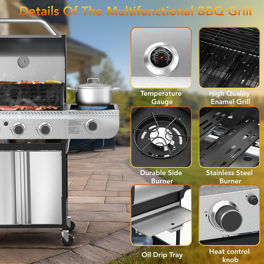 Electactic 3-Burner Propane Gas BBQ Grill with Side Burner,Stainless Steel Grill with Porcelain-Enameled Grates,37000 BTU Barbecue Grill, Suitable for Outdoor Cooking,Camping,Patio Backyard