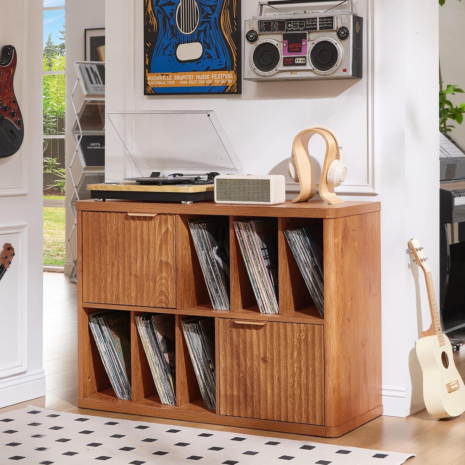 LEYAOYAO Large Record Player Stand with Vinyl Storage Up to 450 Albums, Wood Fluted Boho Record Storage Accent Cabinet, Modern Stereo Media Cabinets, Wide Turntable Stand for Living Room, Tea Brown