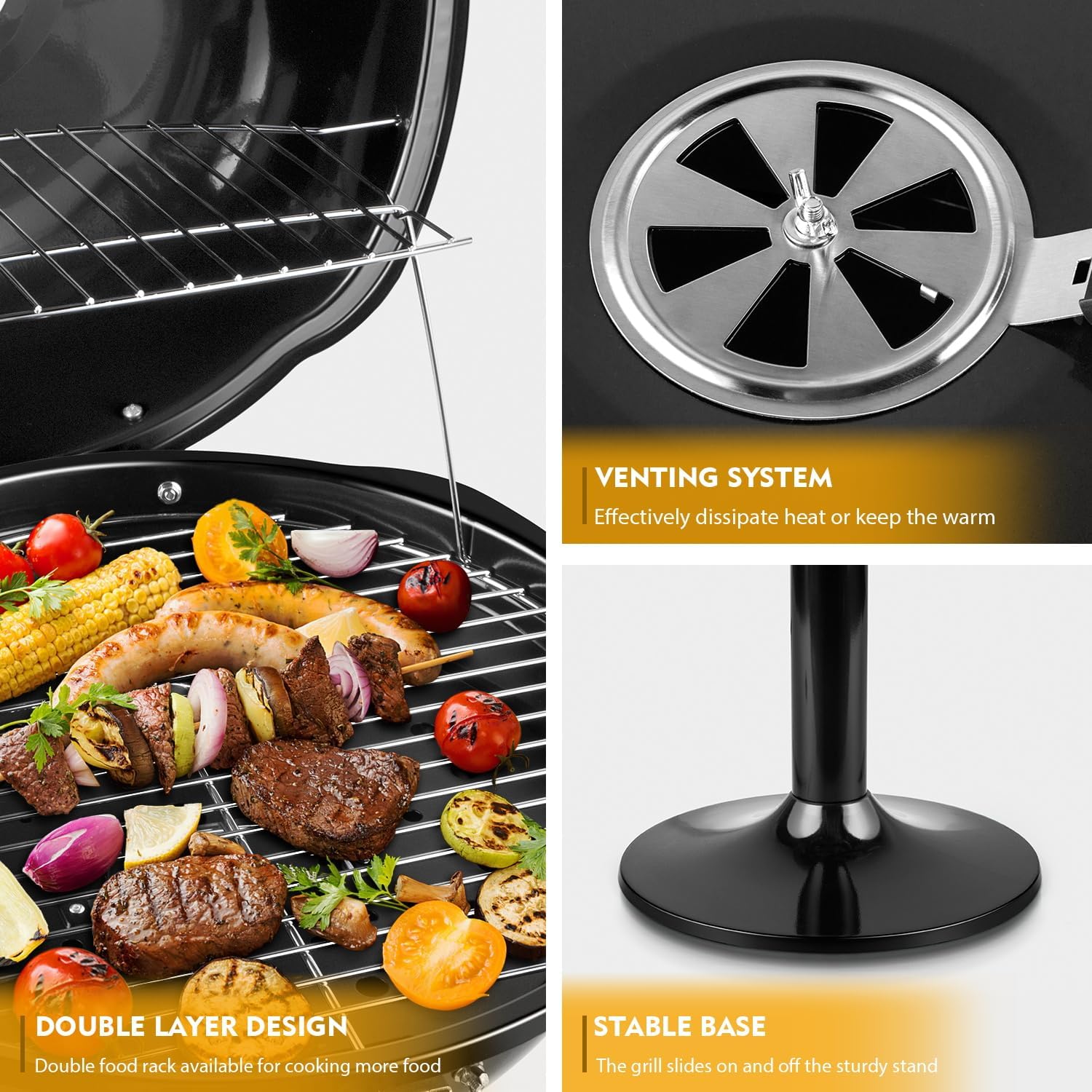 Electric Grill, Techwood Indoor/Outdoor Electric BBQ Grill, 1600W Portable Removable Stand Grill with Adjustable Heat & Drip Tray, Double Layer Design for Party, Patio & Backyard (Black)