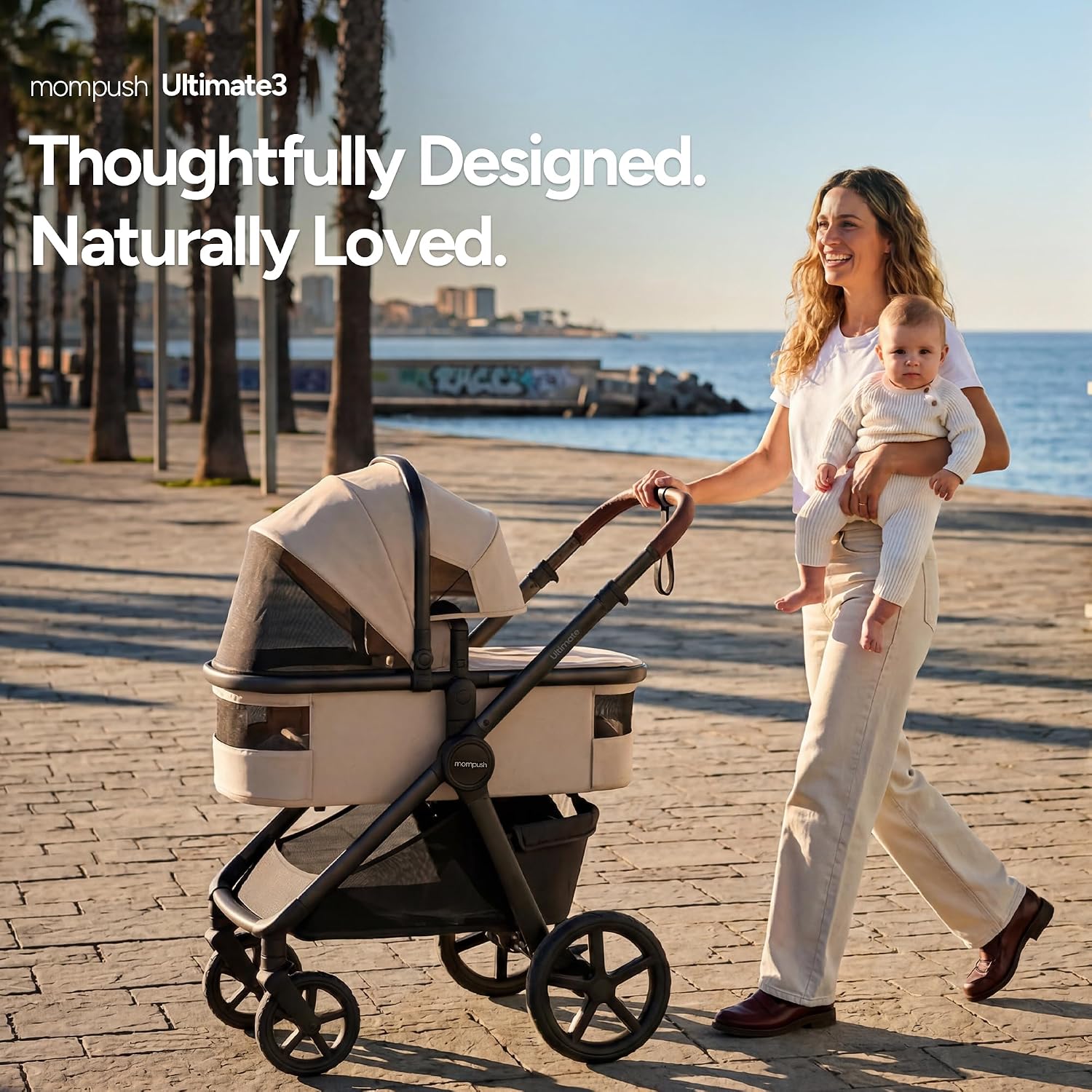 Mompush Ultimate 3 Baby Stroller, Premium Convertible Full-Size Stroller for Toddler to 50 lbs – 11.8' All-Terrain Wheels; Four-Wheel Suspension; Reversible Extendable Seat; One-Second Fold