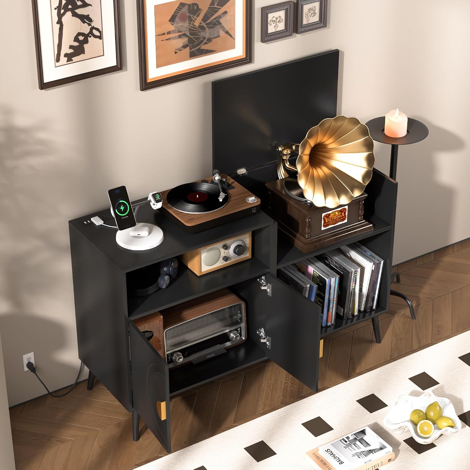 Fiogmub Large Record Player Stand, Mid Century Turntable Stand with Door, Record Player Table Holds Up to 350 Albums,Vinyl Display Shelf for Living Room