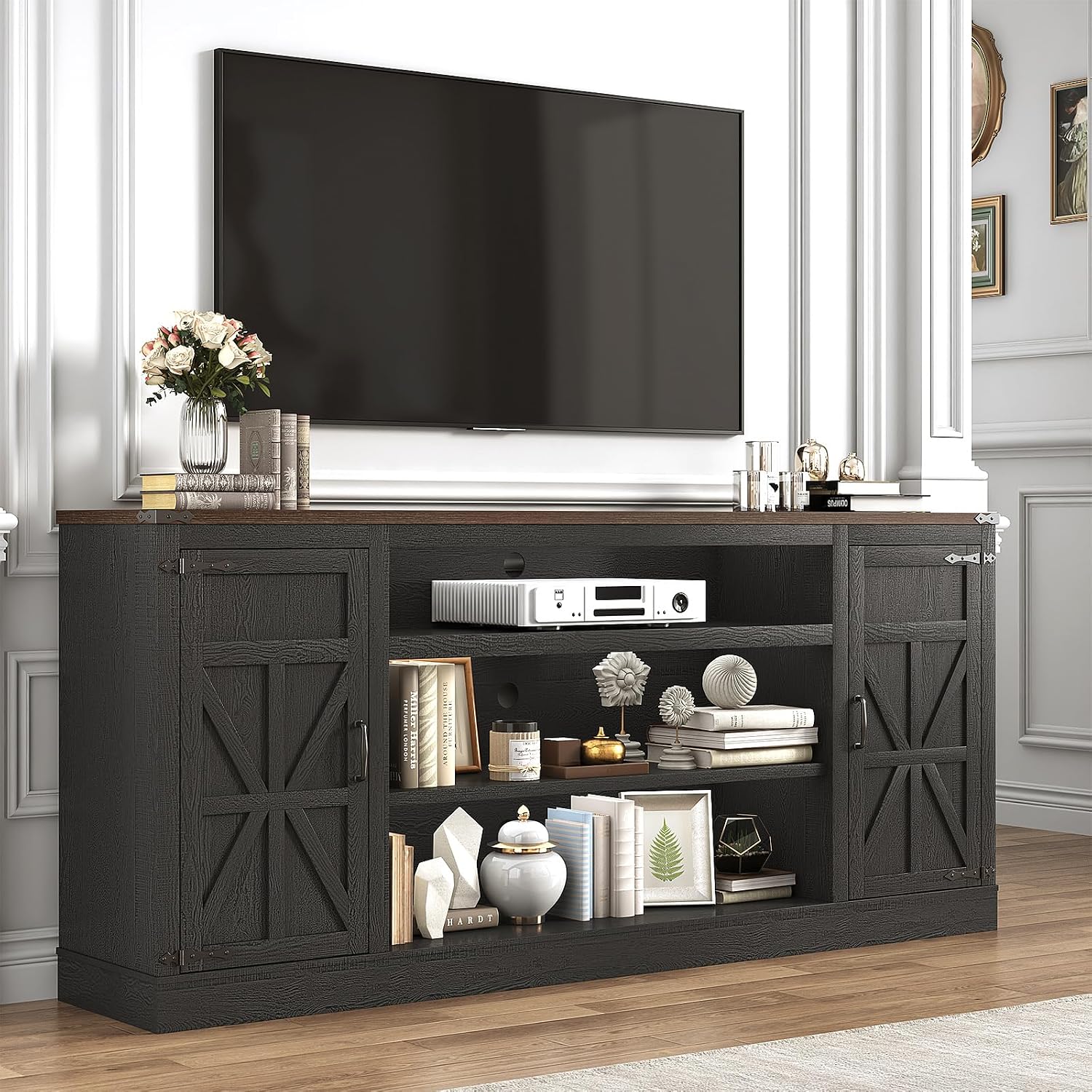 Hlivelood 75' Farmhouse TV Stand with Power Outlets for 85 Inch TVs, 33' Tall Entertainment Center with Storage Cabinets w/Adjustable Shelves, Rustic Large TV Media Console, Black