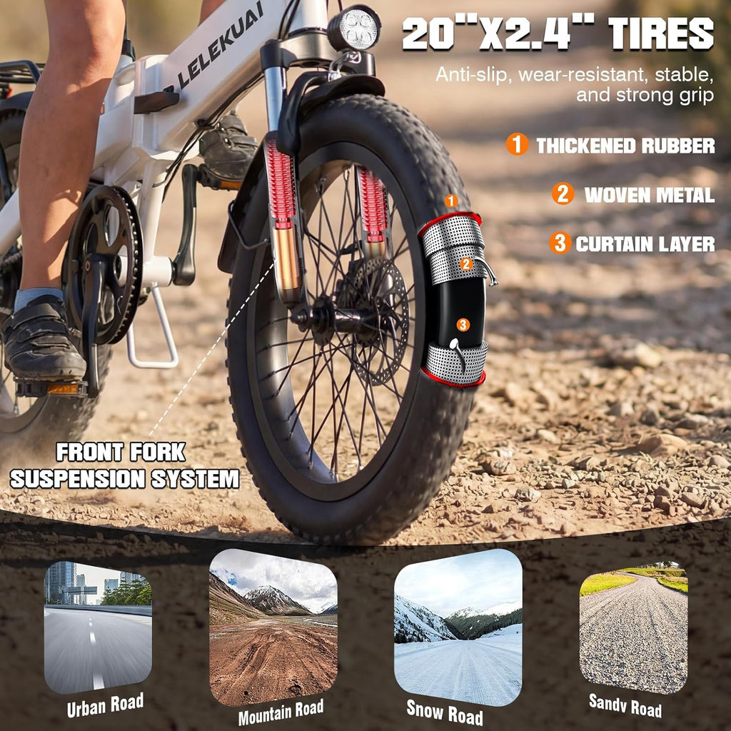 LELEKUAI Electric Bike for Adults and Teens, 520W-560W Motor, 20-24MPH, 32 Miles Range, 48V 10Ah Battery, 3-Level Pedal Assist, 14' Foldable Mini Electric Bicycle, UL 2849 Certified