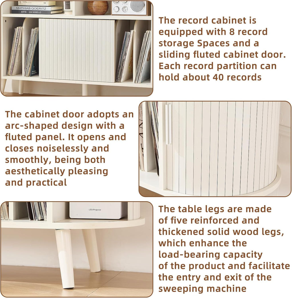 LELELINKY Extra Large Round Record Player Stand with Charging Station & Fluted Panel, Mid Century Modern Turntable Cabinet with Vinyl Storage, Arched Wood Record Player Table for Living Room,White