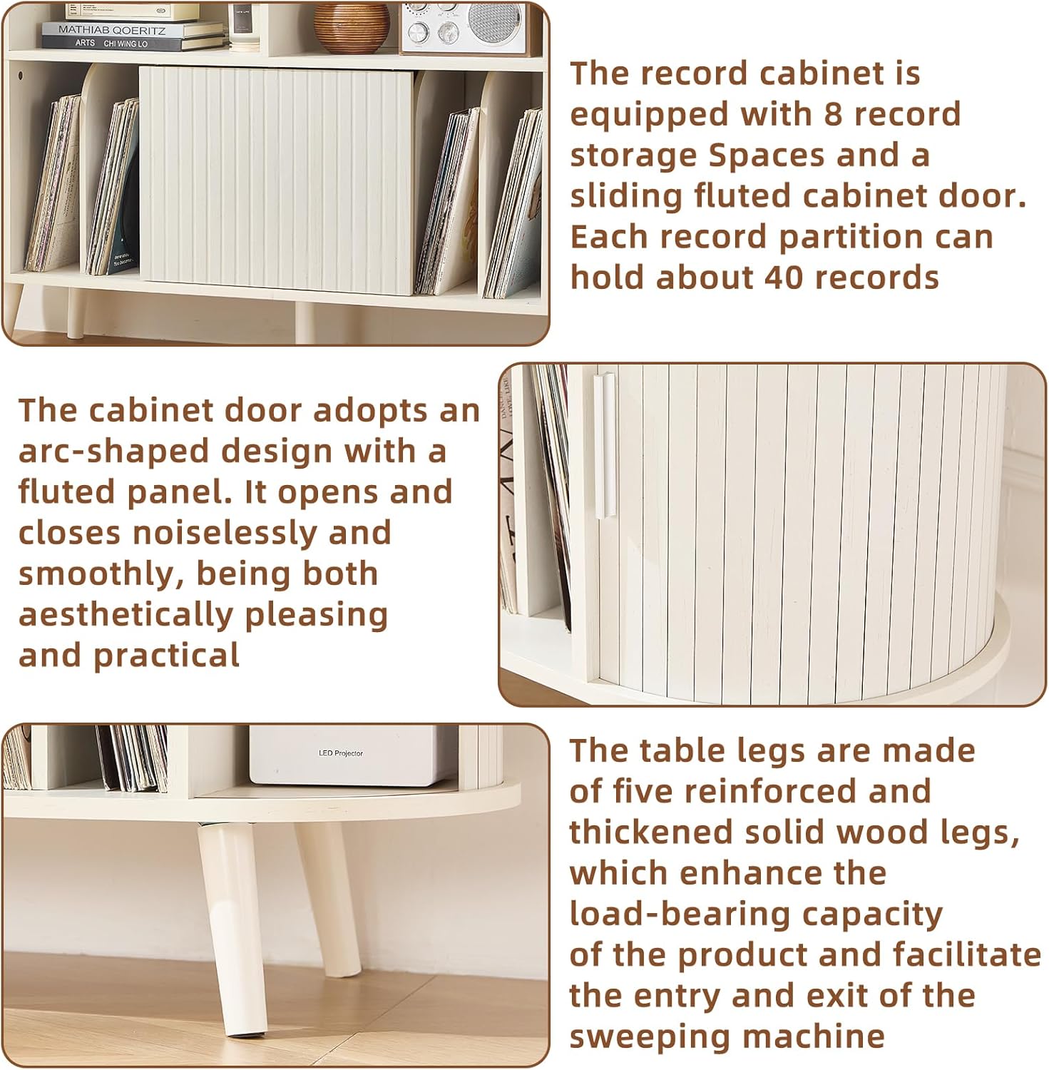 LELELINKY Extra Large Round Record Player Stand with Charging Station & Fluted Panel, Mid Century Modern Turntable Cabinet with Vinyl Storage, Arched Wood Record Player Table for Living Room,White