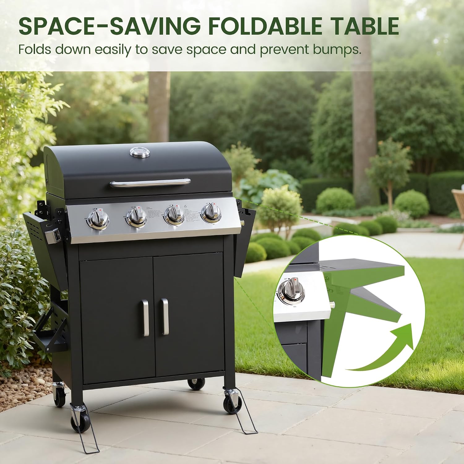 HUGROVE 4-Burner Propane Gas BBQ Grill, Upgraded 40,000 BTU Stainless Steel Barbecue Grill with Foldable Side Tables, Spice Rack & Wheels for Outdoor Cooking
