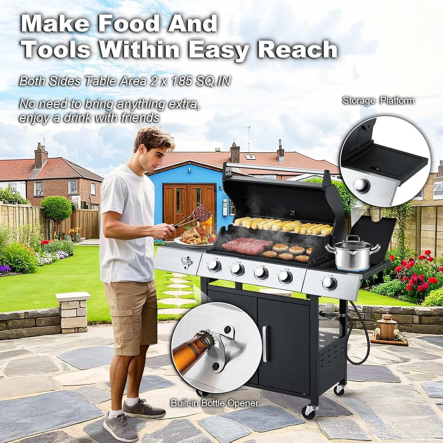 MELLCOM Upgraded 44,000 BTU Stainless Steel Burner Barbecue Grill, 4 Burner BBQ Propane Gas Grill with Side Stove & Cast Iron Grates for Patio, Camping, Outdoor Cooking
