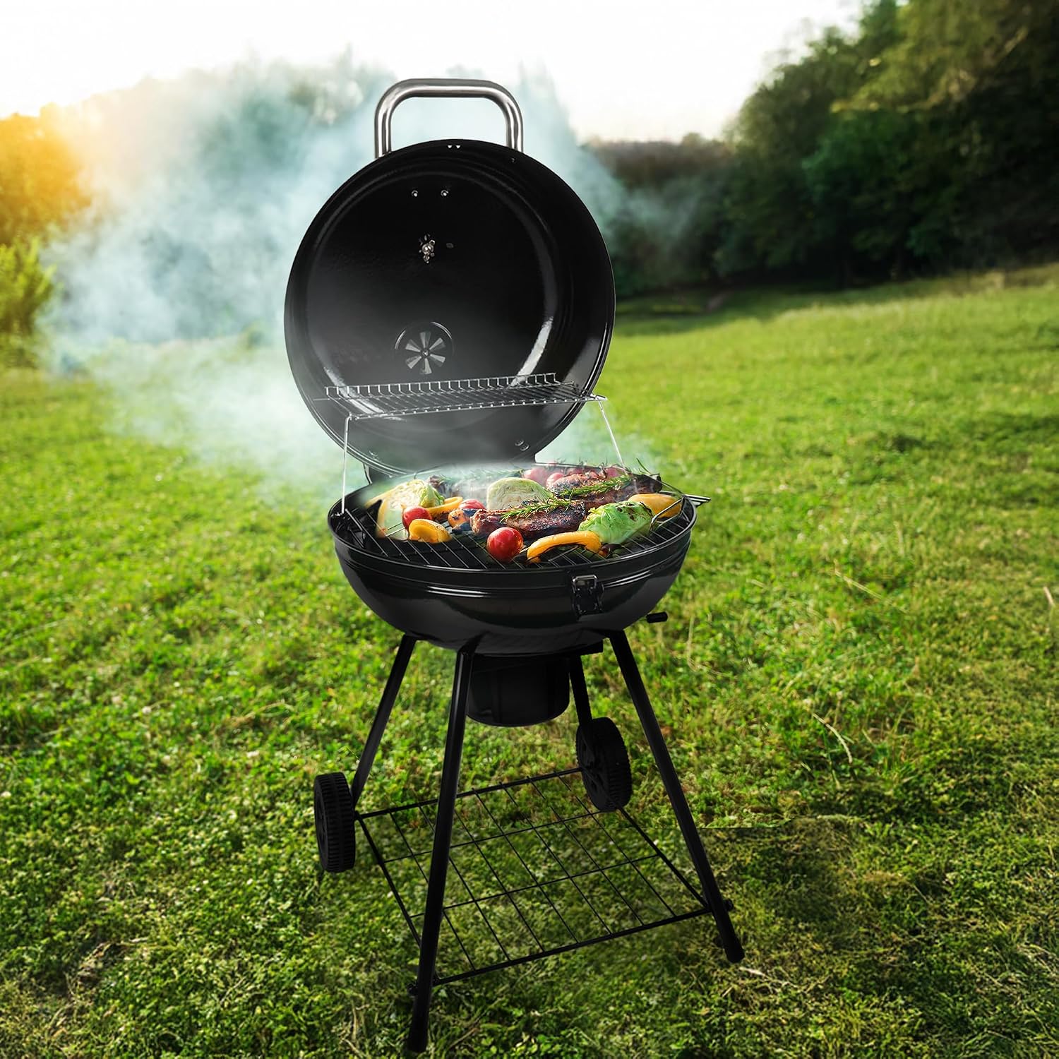 Grill Boss Charcoal Kettle Grill with Large 22-Inch Cooking Area - Includes Warming Rack, Bottom Storage Shelf, Ash Catcher & Wheels for Outdoor BBQ, Tailgating, Camping & Backyard Grilling