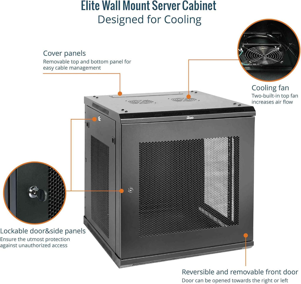 Tecmojo Elite Collection 12U Wall Mount Server Cabinet IT Network Rack Enclosure Lockable Mesh Door and Side Panels, with 2 Cooling Fans,17.7inch Depth, Hold up to 176Lbs,Black