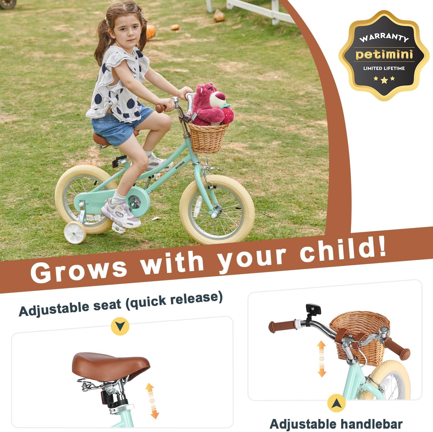 Petimini Vintage Kids Bike for Girls, 12–20 Inch Classic Bicycle with Wicker Basket & Bell, High Tensile Steel Frame, Training Wheels (12–18'), 85% Pre-Assembled, Retro Bike for Outdoor Riding