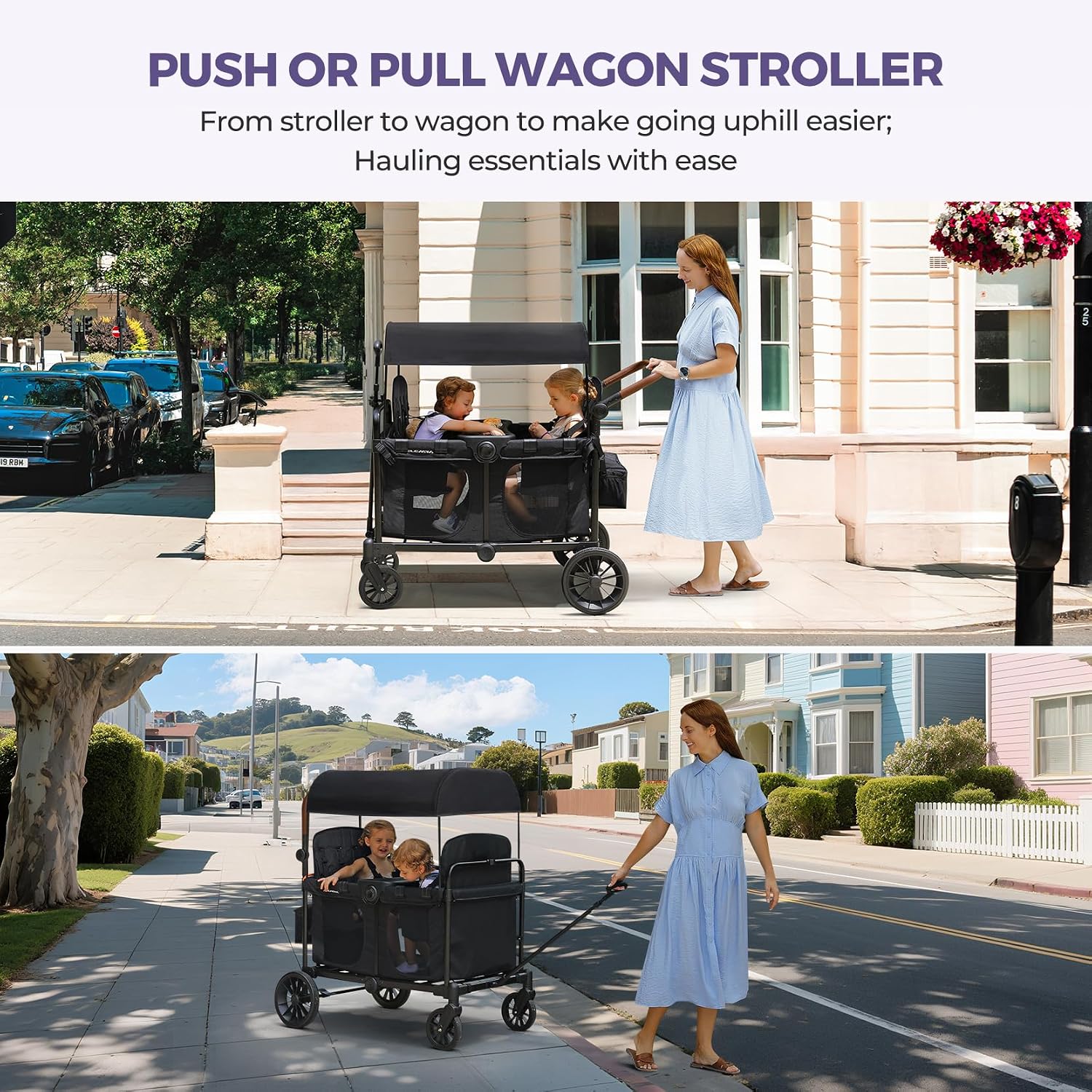 ELEMARA Wagon Stroller 4 Seater, Premium Stroller Wagon for 4 Kids, Foldable All-Terrain Wagon for Kids with Canopy, Adjustable Push/Pull Handles,Convertible High Seat&Organizer, Black