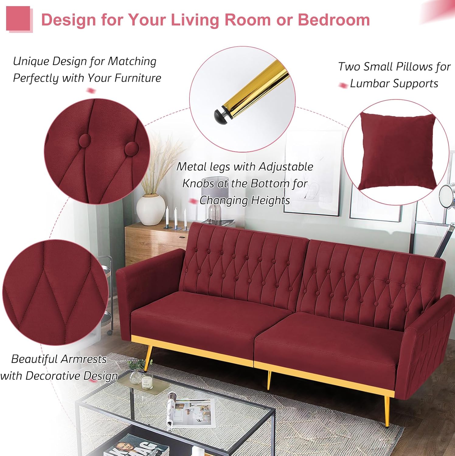 70' Velvet Futon Sofa Bed with 2 Pillows and Adjustable Armrests, Convertible Sleeper Bed W/Adjustable Backrests, Modern Loveseat for Living Room, Bedroom, Red