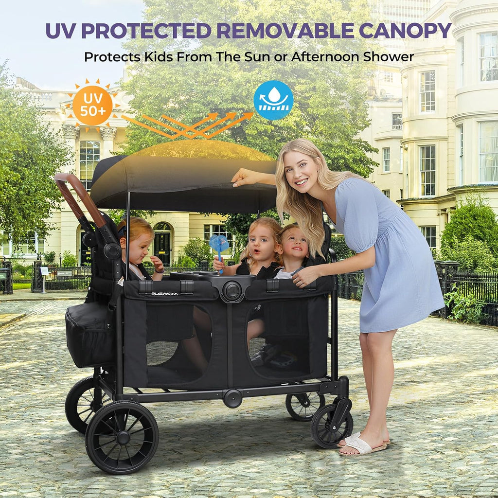 ELEMARA Wagon Stroller 4 Seater, Premium Stroller Wagon for 4 Kids, Foldable All-Terrain Wagon for Kids with Canopy, Adjustable Push/Pull Handles,Convertible High Seat&Organizer, Black