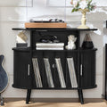 LELELINKY Large Round Record Player Stand with Charging Station & Fluted Display Shelf, Black Mid Century Modern Turntable Cabinet with Vinyl Storage, Arched Wood Record Player Table for Living Room