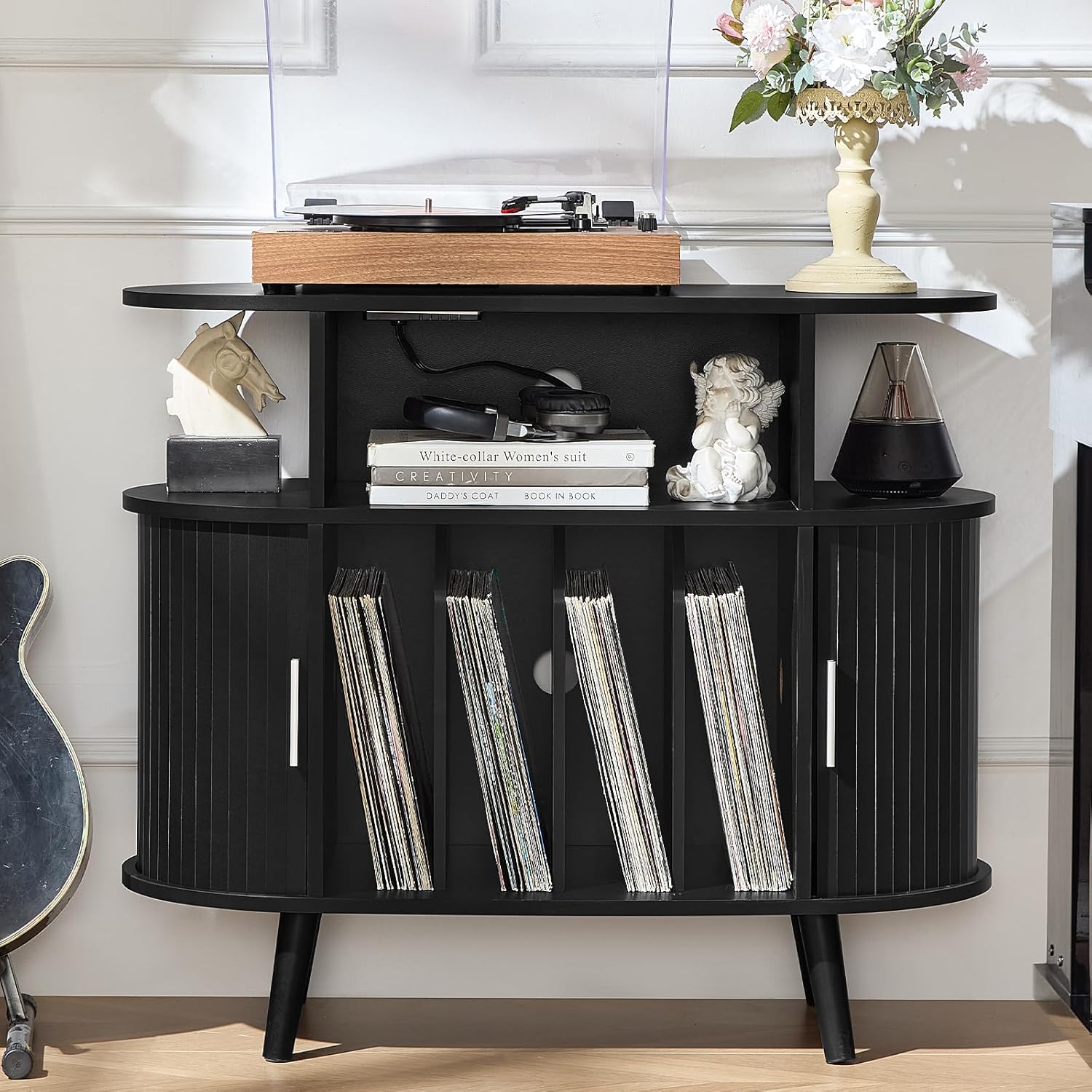 LELELINKY Large Round Record Player Stand with Charging Station & Fluted Display Shelf, Black Mid Century Modern Turntable Cabinet with Vinyl Storage, Arched Wood Record Player Table for Living Room