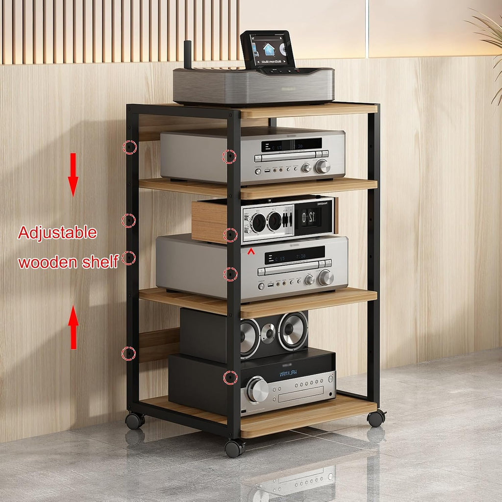 Modern 4-Tier Stereo Stand Cabinet for AV Media and Game Consoles, Corner Entertainment Center with Wooden Storage Shelves, CD Rack, 50x40x69.5cm, Stylish Audio Video Component Organizer
