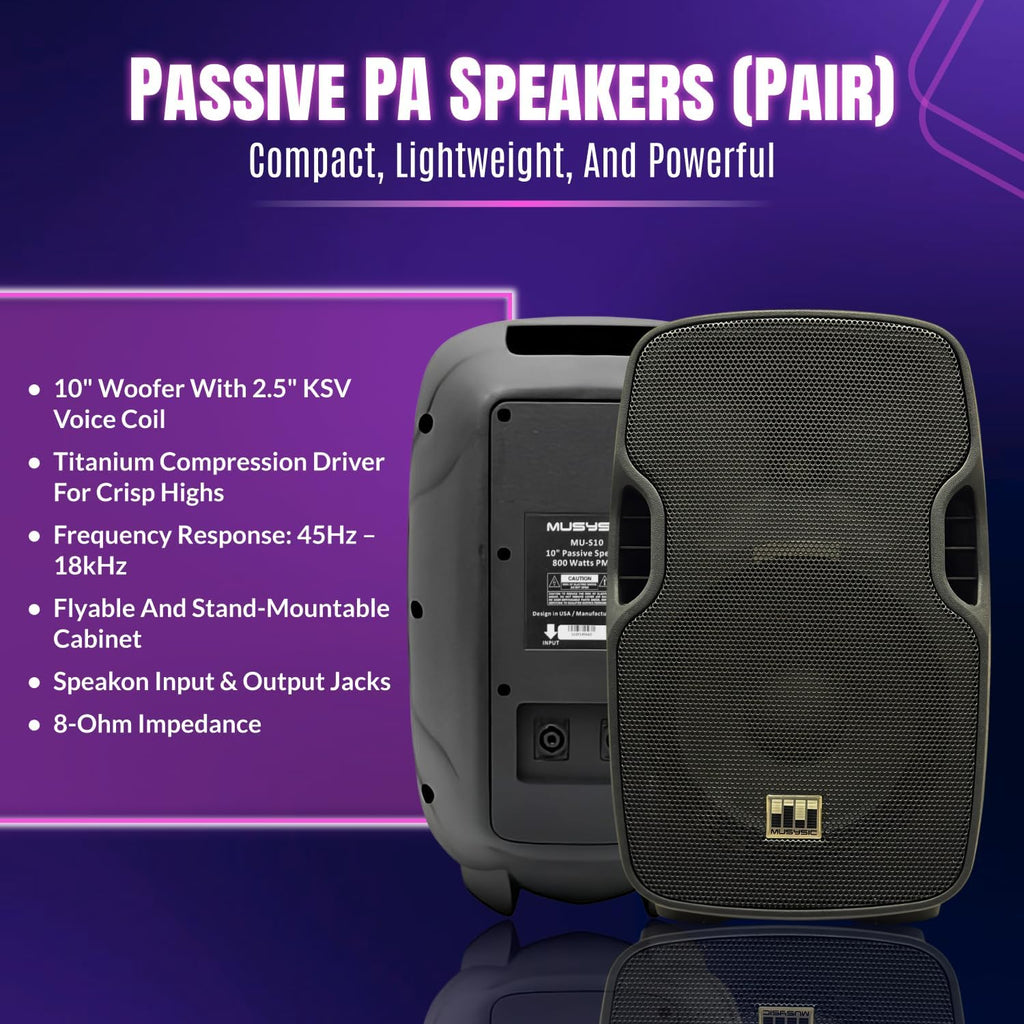 MUSYSIC Portable PA System with Wireless UHF Microphone, 10' Powered PA Speakers, Party DJ Speakers, 2000W Built-in Amplifier w/6 Channel Audio Mixer System, 800W Powered Speaker, Dual Tripod Stands