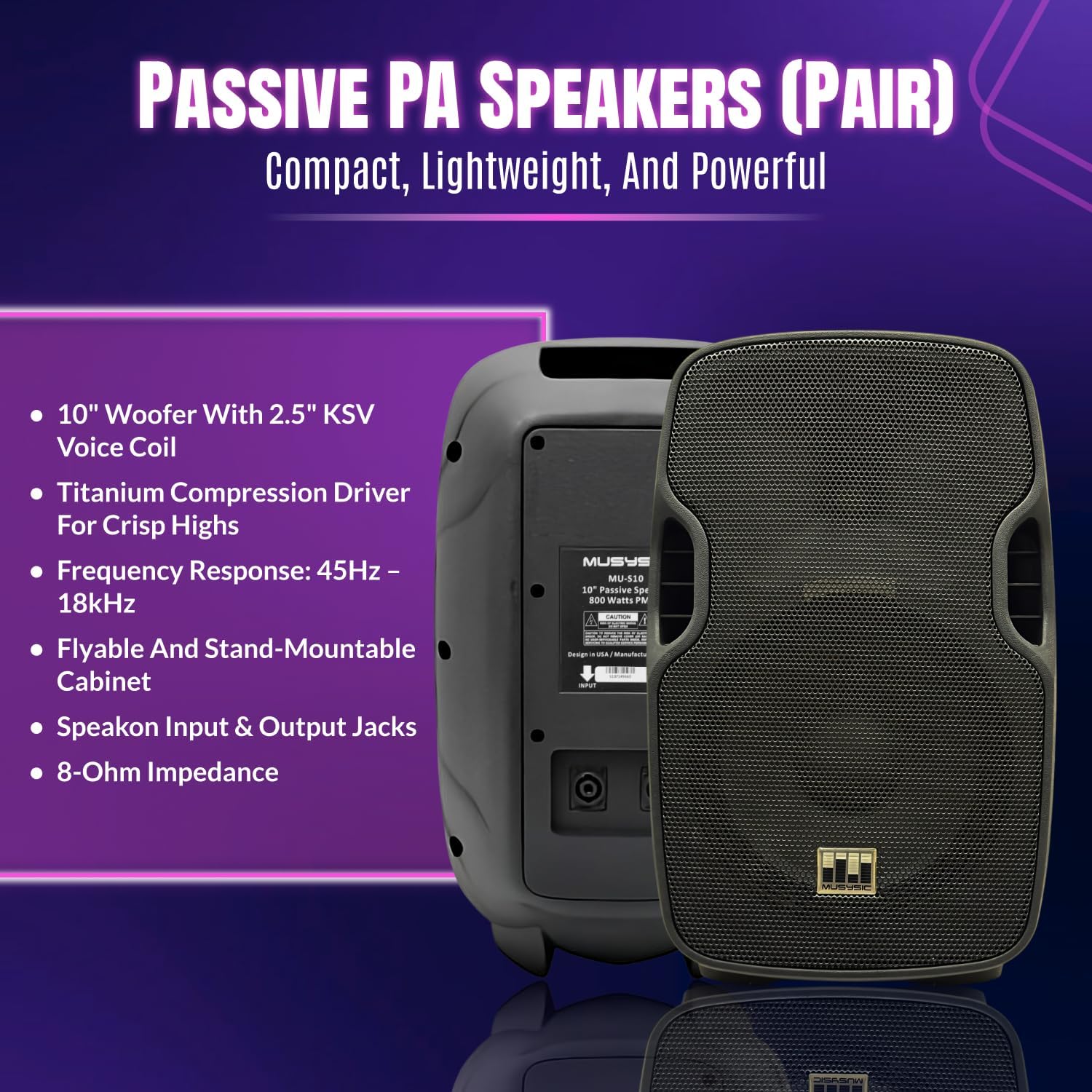 MUSYSIC Portable PA System with Wireless UHF Microphone, 10' Powered PA Speakers, Party DJ Speakers, 2000W Built-in Amplifier w/6 Channel Audio Mixer System, 800W Powered Speaker, Dual Tripod Stands
