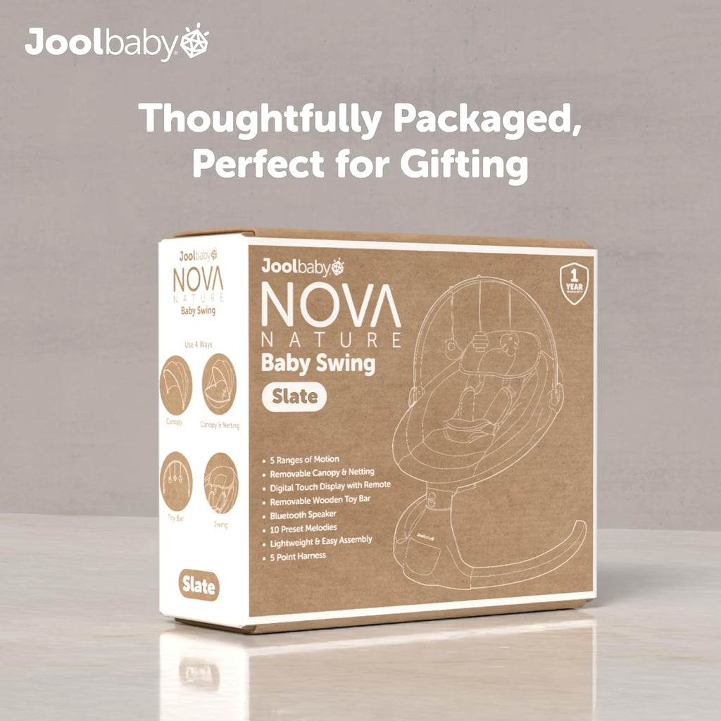 Jool Baby Nova Nature Baby Swing for Newborns with Natural Wood Toys, Electric Motorized Infant Swing, Bluetooth Music, Remote (Slate)
