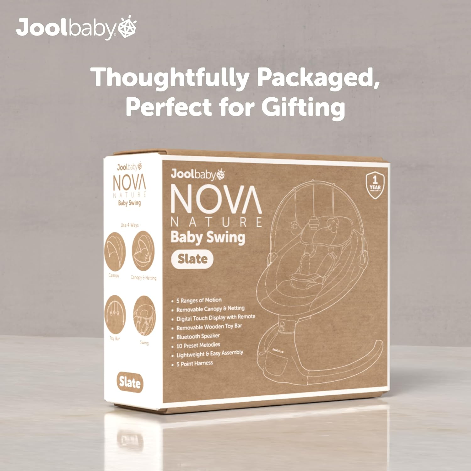 Jool Baby Nova Nature Baby Swing for Newborns with Natural Wood Toys, Electric Motorized Infant Swing, Bluetooth Music, Remote (Slate)