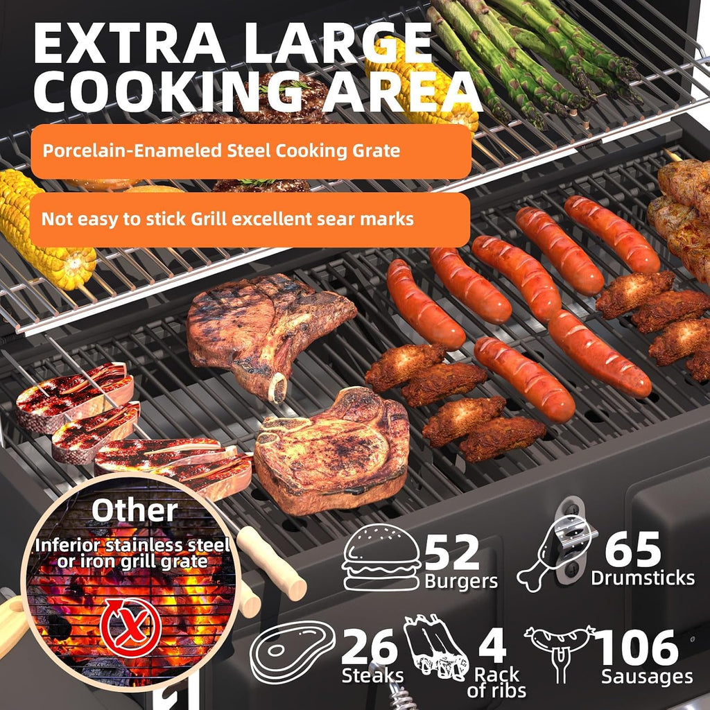 MELLCOM 36 In Large Charcoal Grills - 620 Sq.In Oversized BBQ Area with Storage Cabinet & Individual Lifting Charcoal Trays, Foldable Side Tables and Thermometer for Outdoor, Patio, Balcony