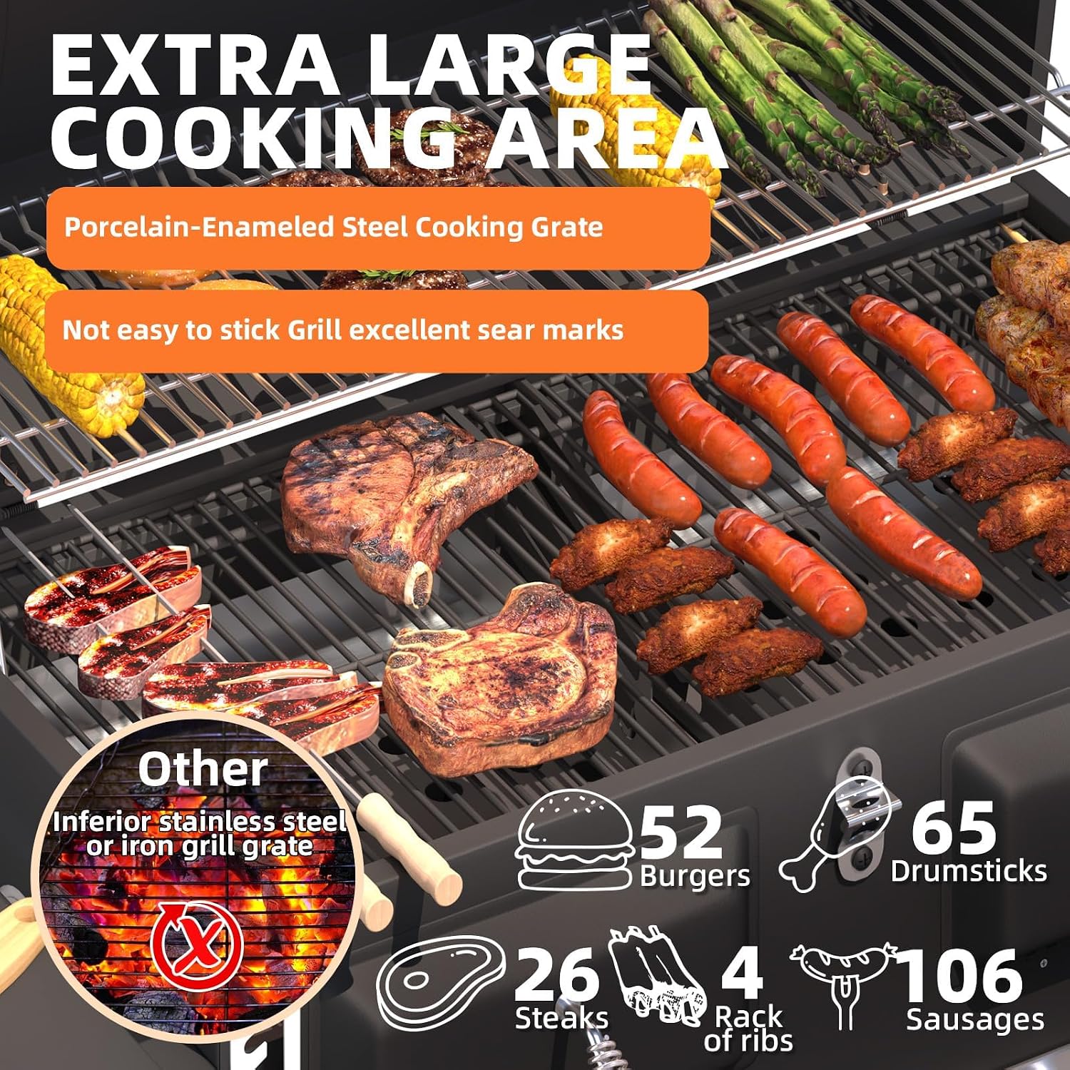 MELLCOM 36 In Large Charcoal Grills - 620 Sq.In Oversized BBQ Area with Storage Cabinet & Individual Lifting Charcoal Trays, Foldable Side Tables and Thermometer for Outdoor, Patio, Balcony