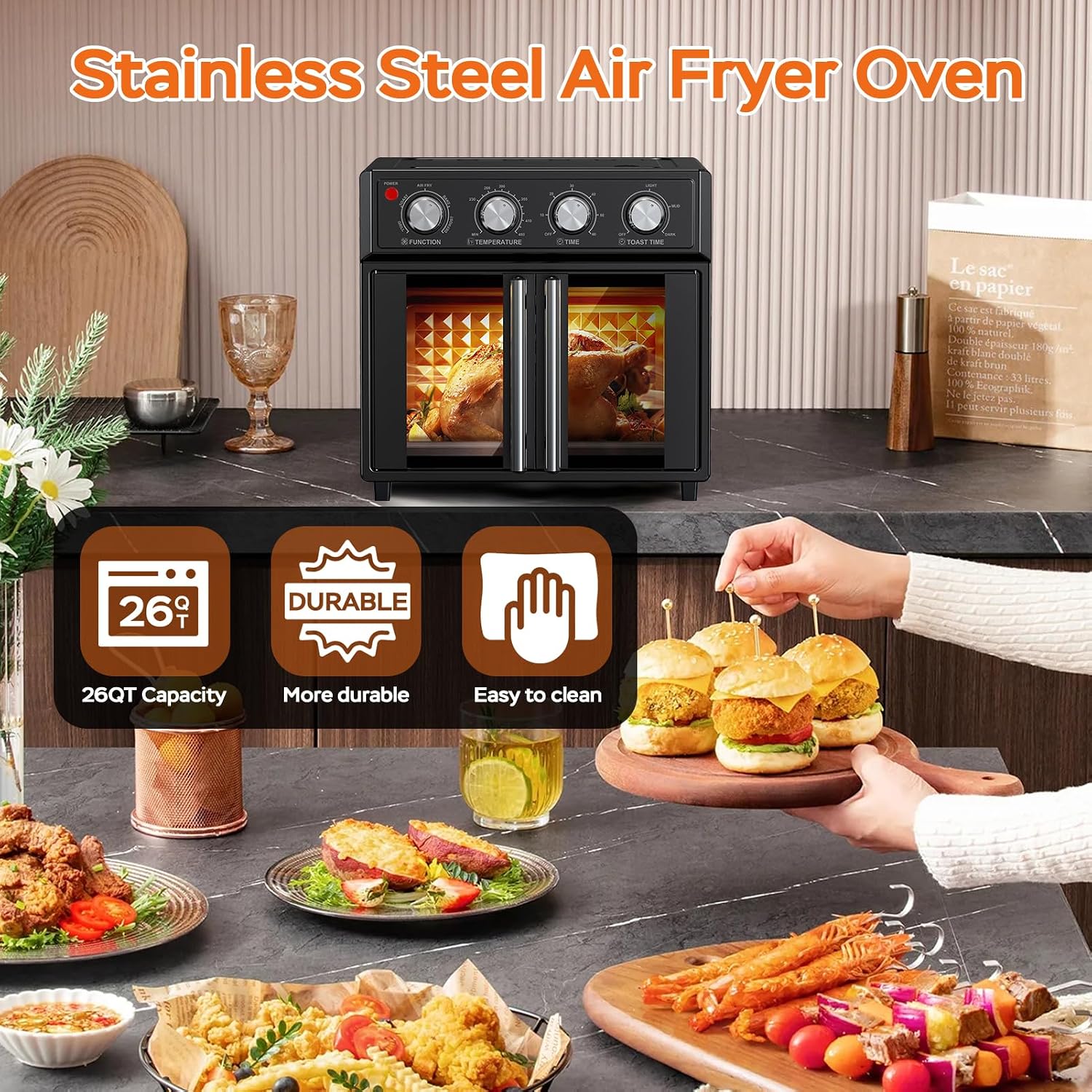26QT Air Fryer Toaster Oven Combo - French Doors & 7 Preset Menus, 1700W Stainless Steel Convection Countertop Oven for Bake, Roast, Grill, Toast, Dehydrate, Defrost, Easy to Clean (Black)