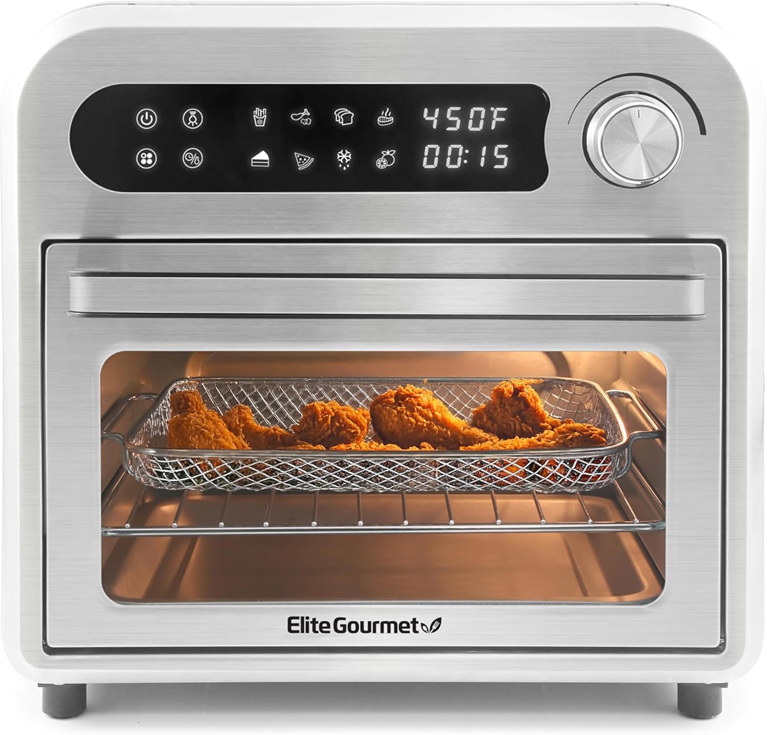 Elite Gourmet EAF1010D Programmable 10L Air Fryer Convection Countertop Oven, 8 Menu Settings, Temperature + Timer Controls, Bake, Toast, Broil, Air Fry, 1500W with Recipes, Steel Exterior